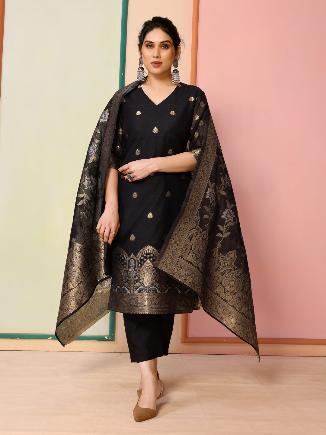 Black Designer Readymade Chanderi Pant Suit With Wevon Jacquard - Elegant Women's Formal Wear for Office, Parties & Special Occasions