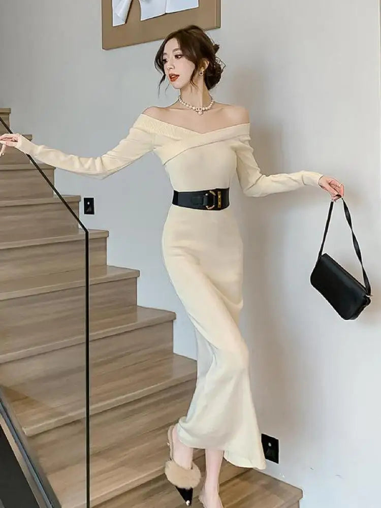 Beige Knit Sweater Dress for Women - Autumn Winter Long Sleeve V-Neck Slim Fit High Waist Elegant Party Dress (Black, Red) - Perfect for Evening Events, Date Nights & Holiday Gatherings