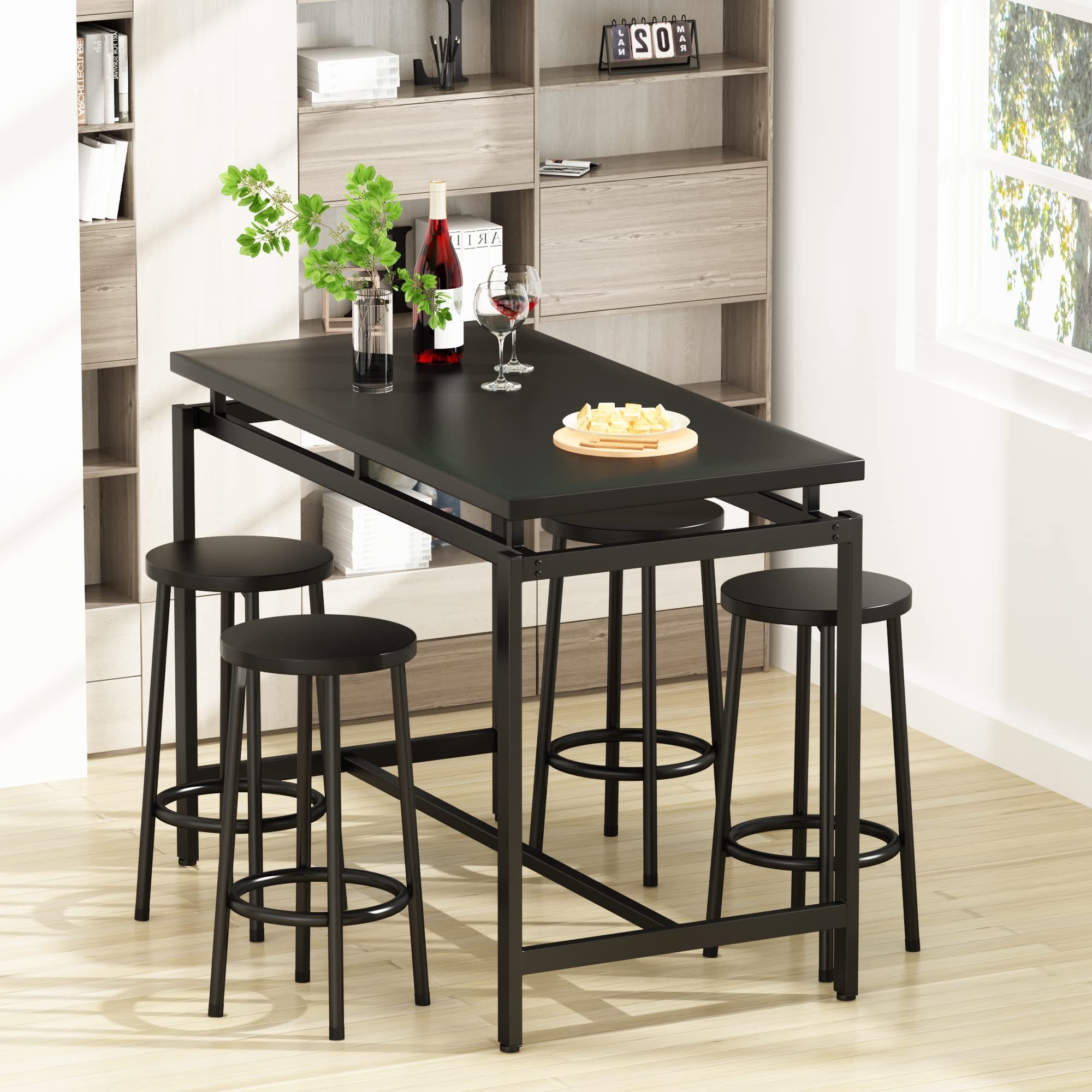 MIERES 5-Piece Industrial Counter Height Dining Table Set for 4 - Wood Kitchen Table & 4 Stools, Black | Perfect for Home Bar, Breakfast Nook, Small Space Living Room & Apartment Dining