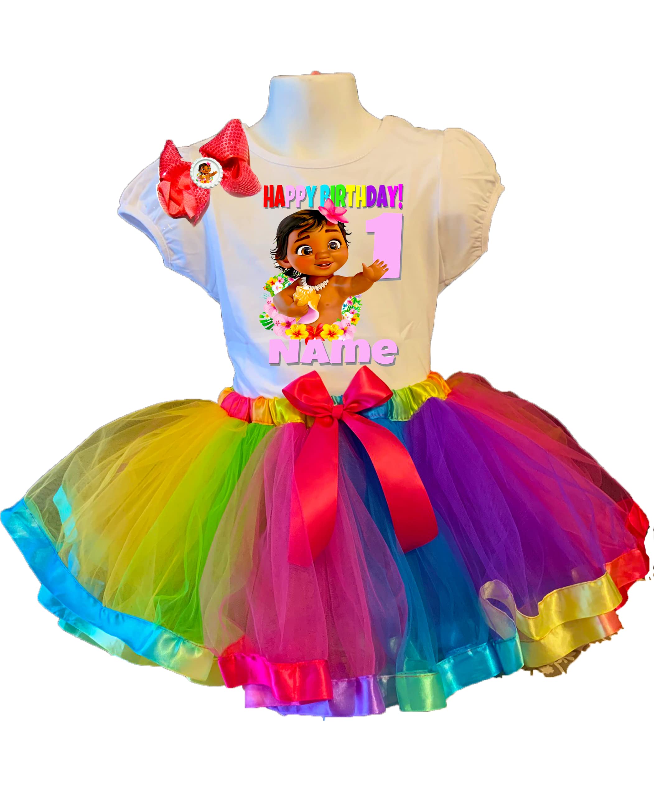 Moana Birthday Outfit for Girls - Rainbow Tutu Dress & Matching Shirt Set | 1st Birthday Party Costume | Personalized Disney Princess Dress | Fast Shipping | Perfect for Moana Themed Parties, Dress-Up & Photo Shoots