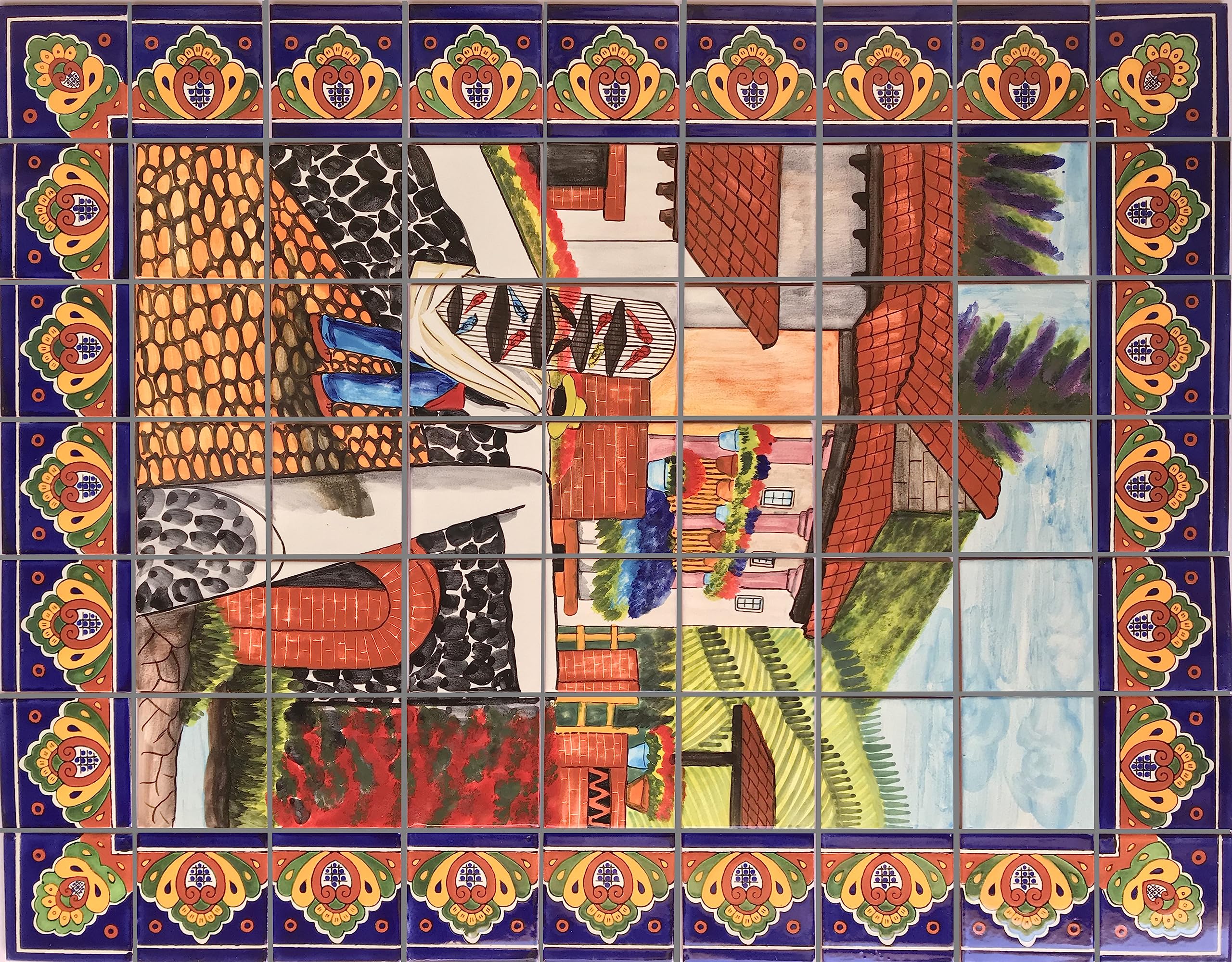 Hand-Painted Talavera Tile Mural - Authentic Mexican Bird Seller Design - Colorful Wall Art for Kitchen, Bathroom & Outdoor Decor