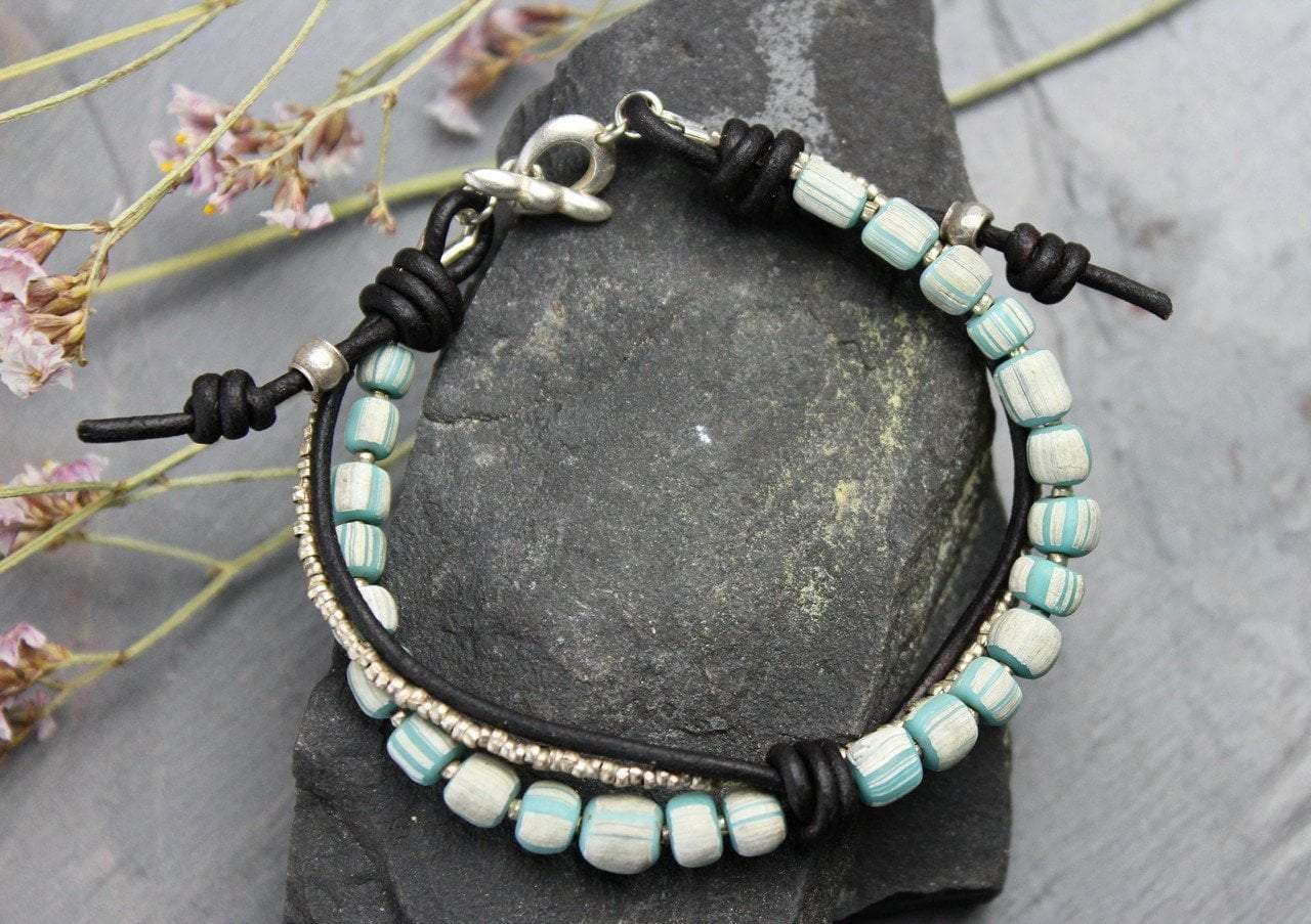 Hand Painted Blue Glass Beads & Thai Silver Beaded Bracelet for Women - Boho Chic Jewelry Gift for Birthday, Wedding, Party & Everyday Wear