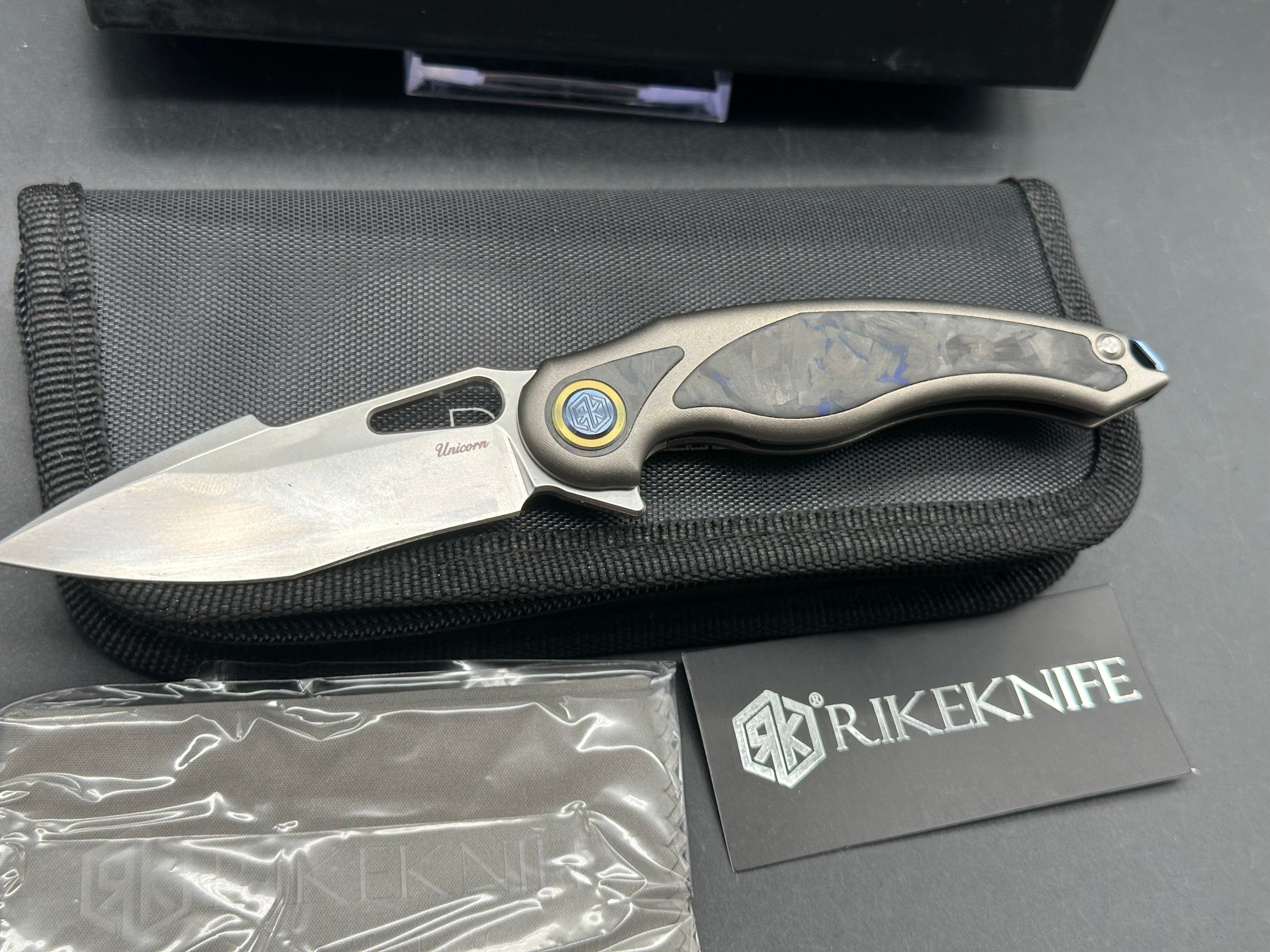 Rike Knives Unicorn Folding Pocket Knife - M390 Steel Blade, Black/Blue Carbon Fiber Handle - EDC, Outdoor, Camping, Hunting, Survival Gear