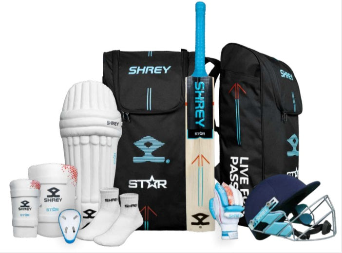 Shrey Star Full Cricket Kit with Helmet - Complete Cricket Gear Set for Practice & Matches - Perfect for Training, Games & Outdoor Sports