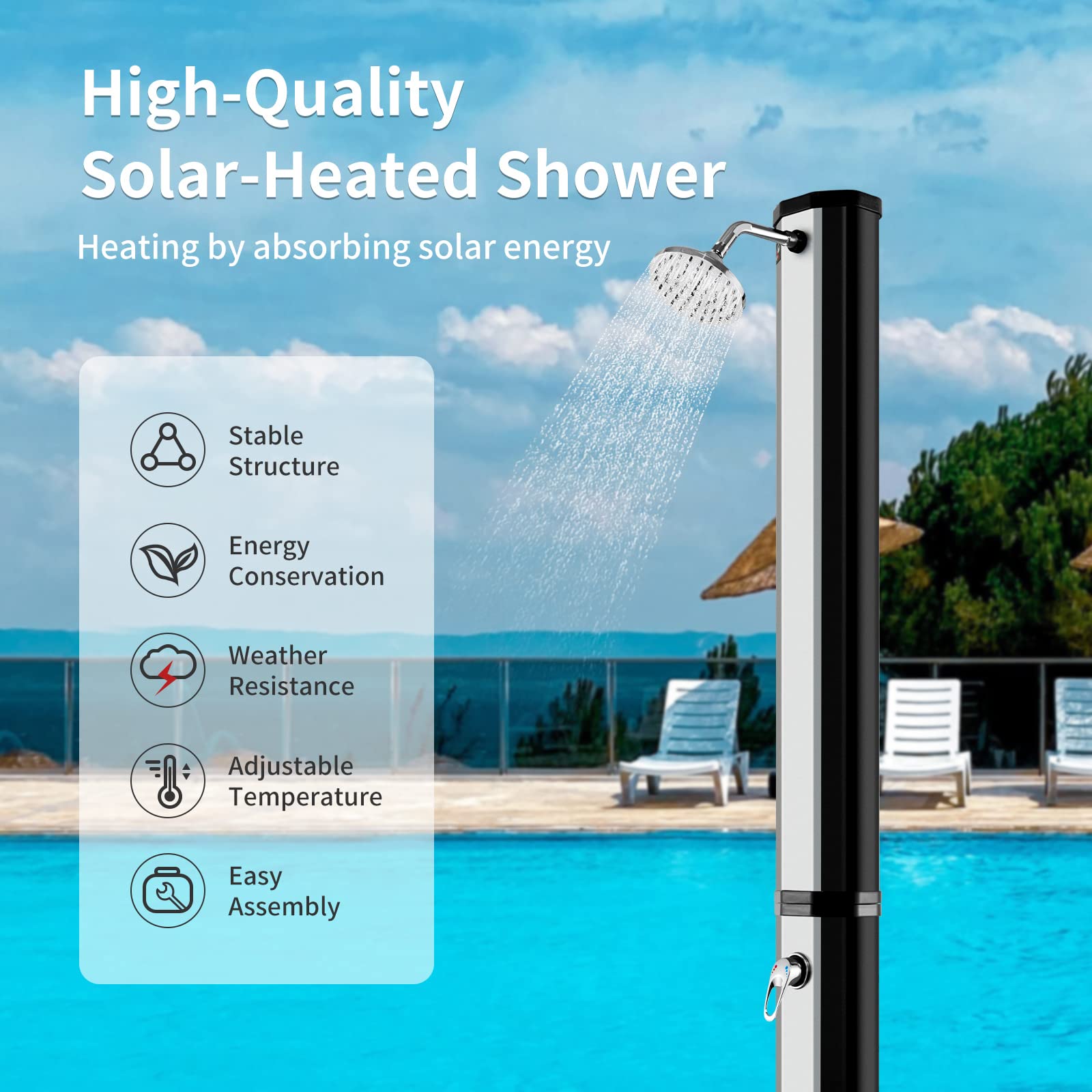 HappyGrill 7.2 FT Solar Outdoor Shower with 360° Swivel Shower Head & Foot Wash | Adjustable Temperature & Water Pressure | Easy Setup Freestanding Shower for Garden, Yard, Poolside, Beach & Camping | Perfect for Post-Swim Rinse, Pet Bathing & Outdoor Cleaning