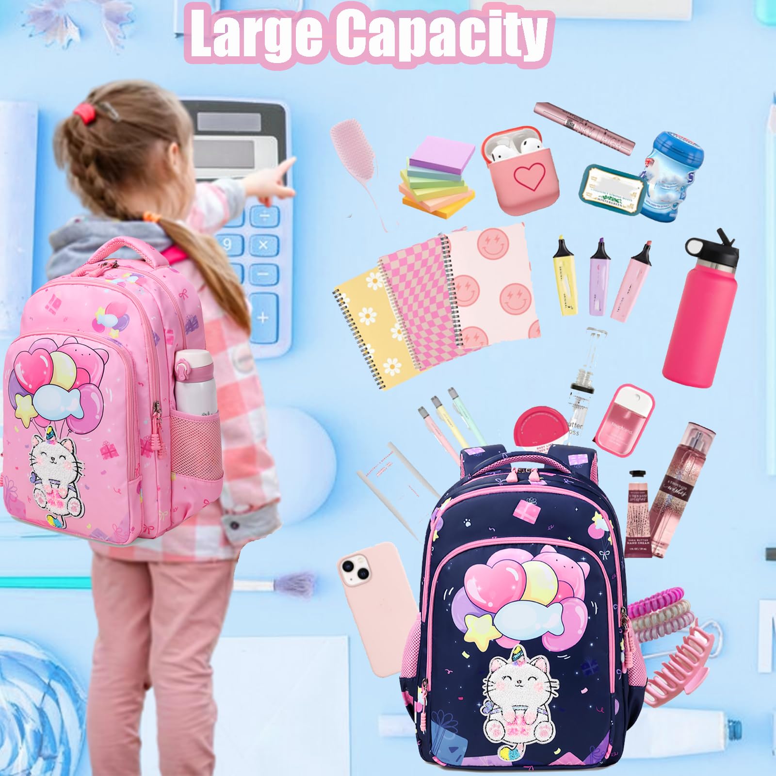 Unicorn Cat Print Backpack for Girls - Lightweight Water Resistant School Backpack with Lunch Box | Cute Elementary Bookbag for Kids, Travel & Daily Use