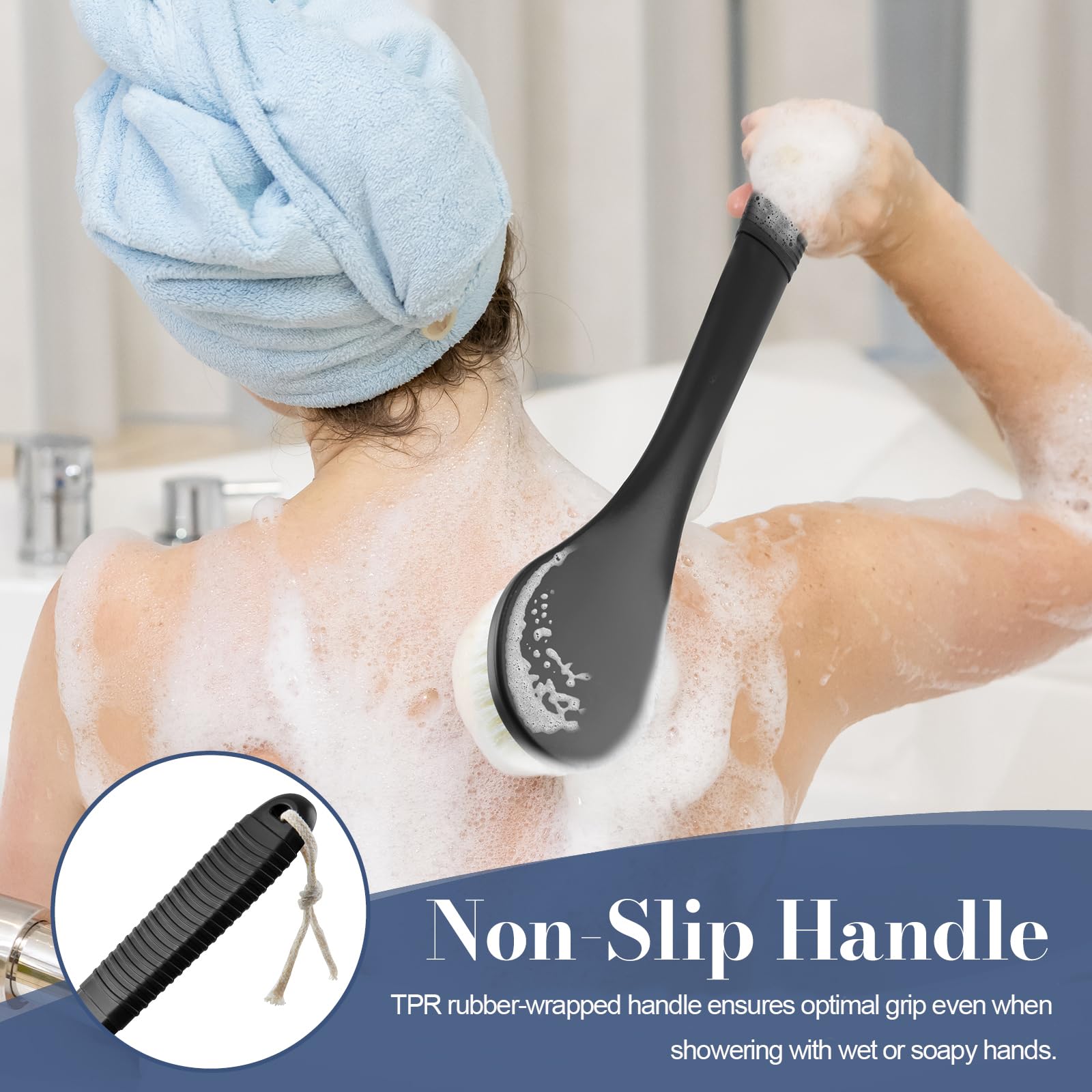 Long Handle Back Scrubber - Exfoliating Shower Brush for Men & Women with Non-Slip Grip - Perfect for Deep Cleaning & Skin Exfoliation