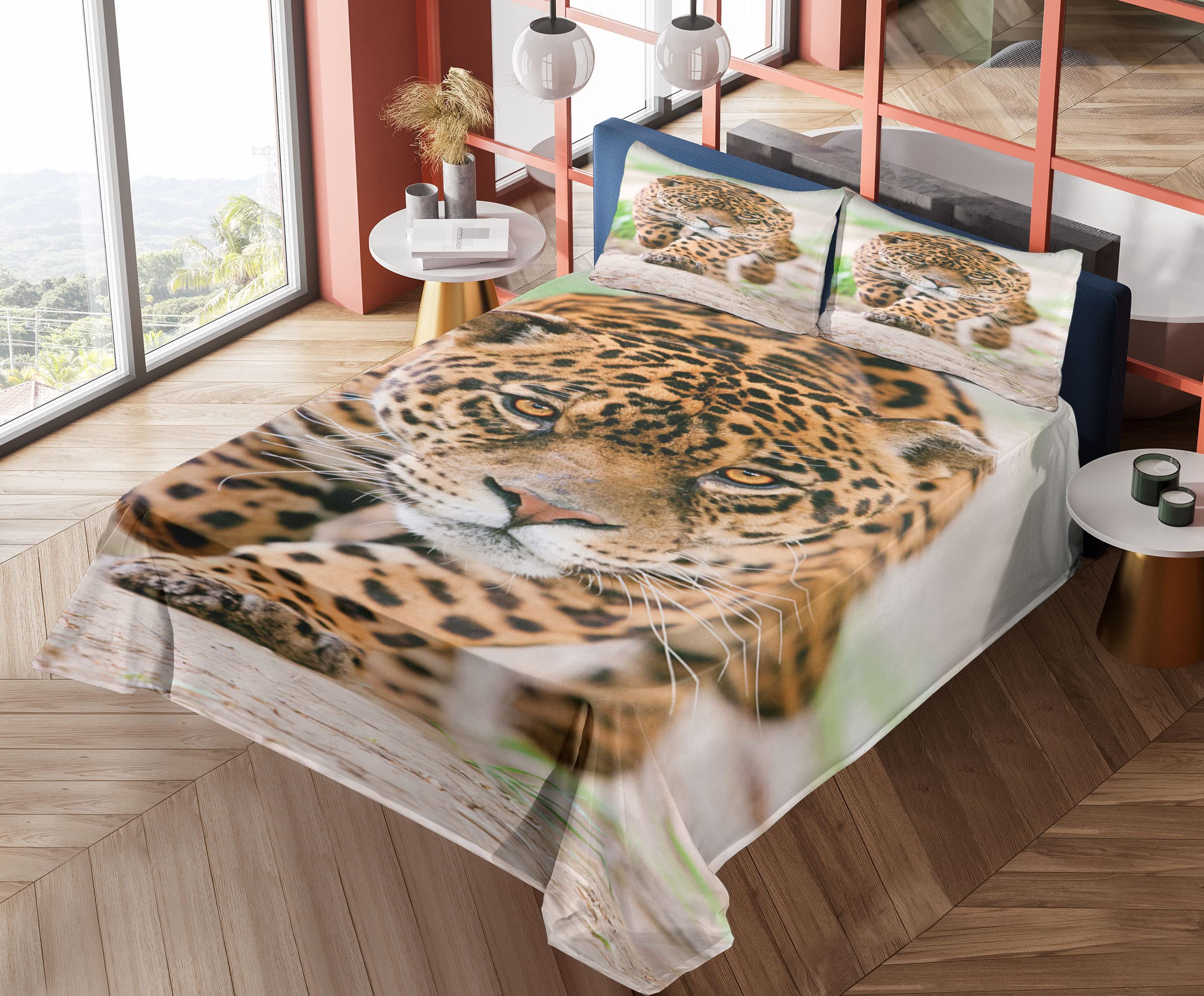 Ambesonne Leopard Print 4-Piece King Size Sheet Set - Jungle Wildlife Safari Bedding with Fitted Sheet, Flat Sheet & Pillowcases in Yellow & Beige | Perfect for African-Themed Bedrooms, Guest Rooms & Wild Animal Lovers