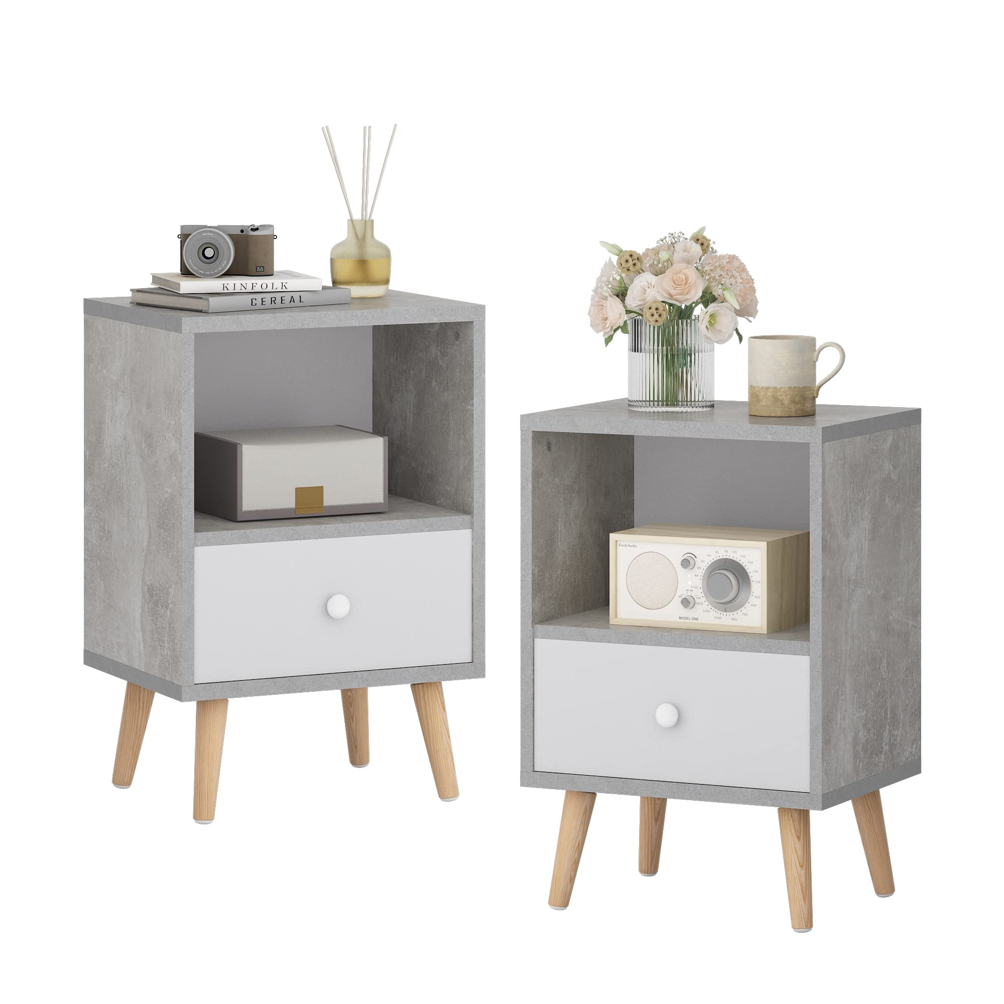 JAXPETY 2-Pack Nightstands Set with Drawer & Open Shelf - Solid Wood Legs Bedside Tables, End Tables for Bedroom, Living Room, Office (Cement Grey) - Perfect for Small Spaces & Modern Home Decor