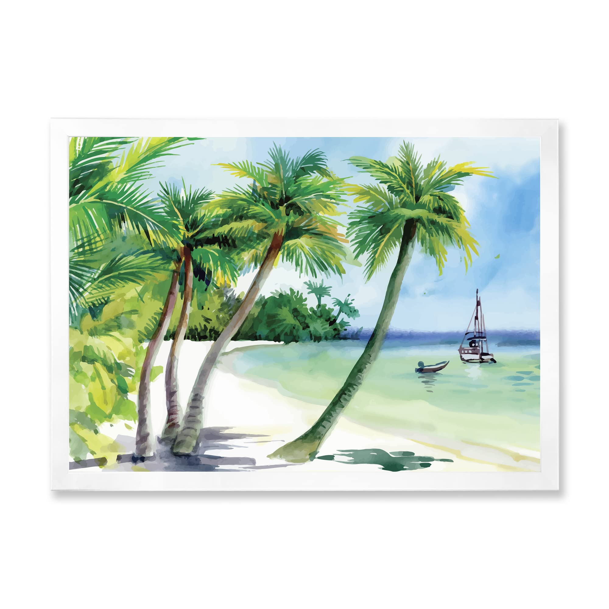 DesignQ Summer Beach Palm Trees Nautical Coastal Framed Wall Art - Tropical Ocean Themed Home Decor for Living Room, Bedroom, Office