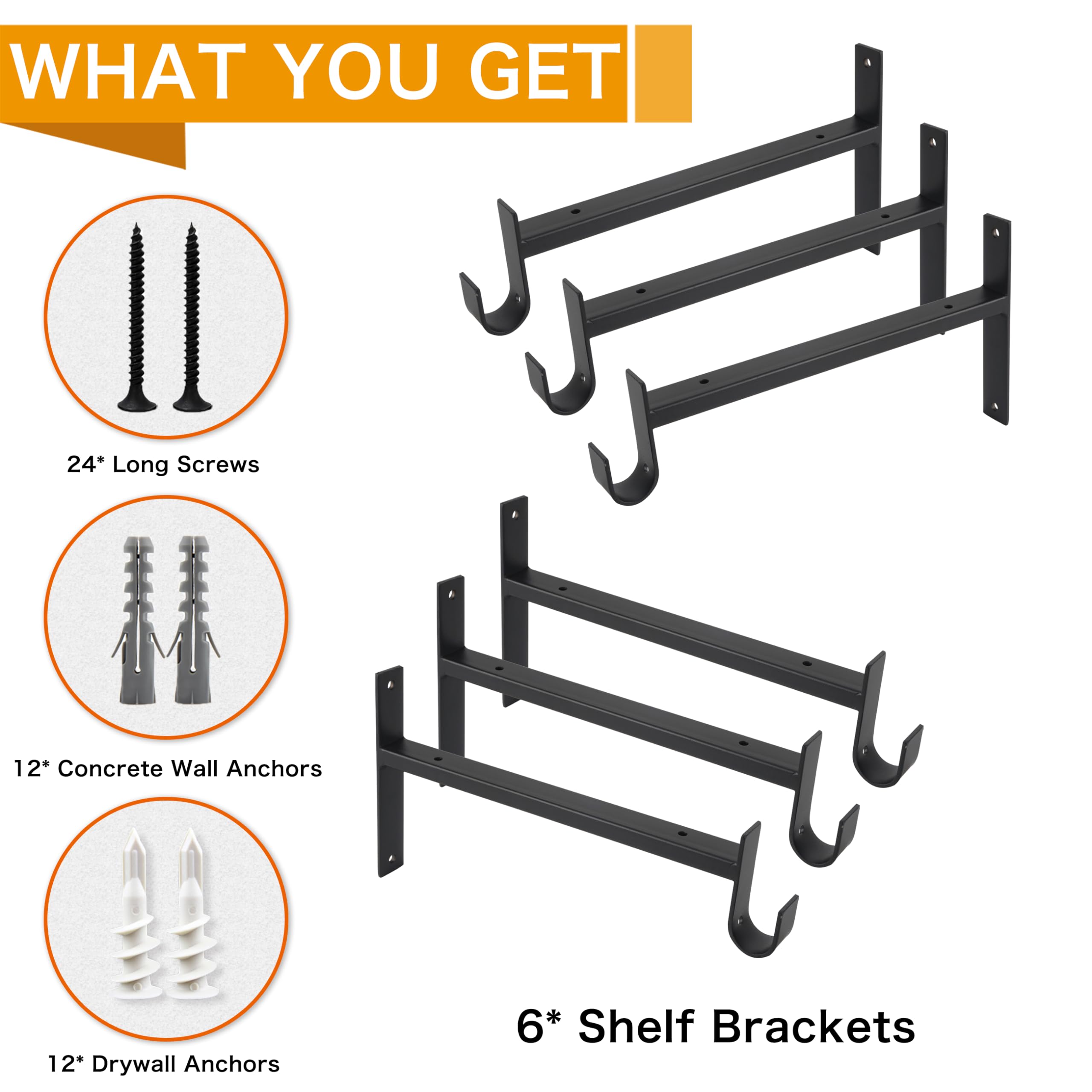 Heavy Duty 10 Inch Black Closet Shelf Brackets with Rod Support & Hook - 6 Pack Wall Mounted for Closet Organization, Wardrobe Storage & Home Decor - EZYDECOR