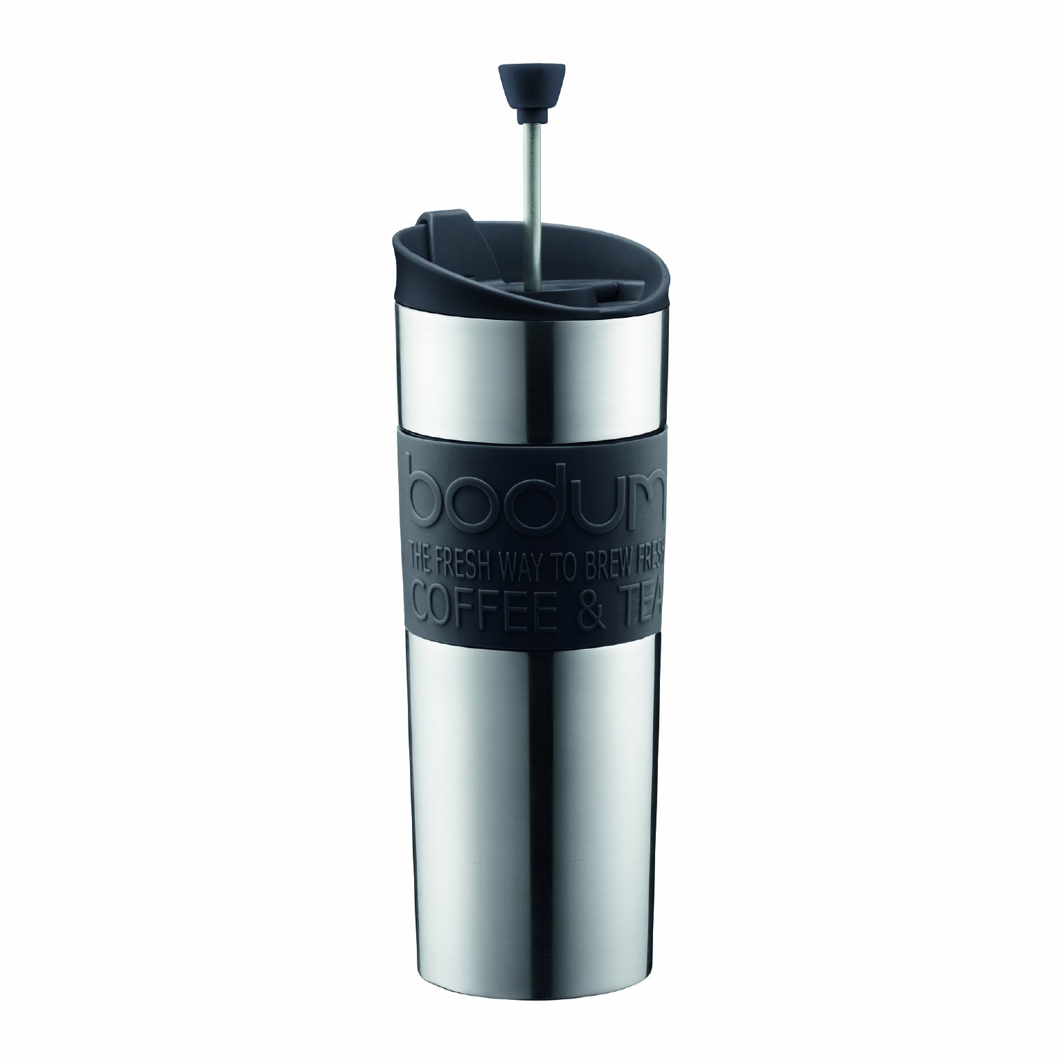Bodum Stainless Steel Travel Coffee Press - 15 oz (0.45L) Insulated French Press for Coffee & Tea - Portable Black Travel Mug for Camping, Office & Commuting - 1 Count Pack