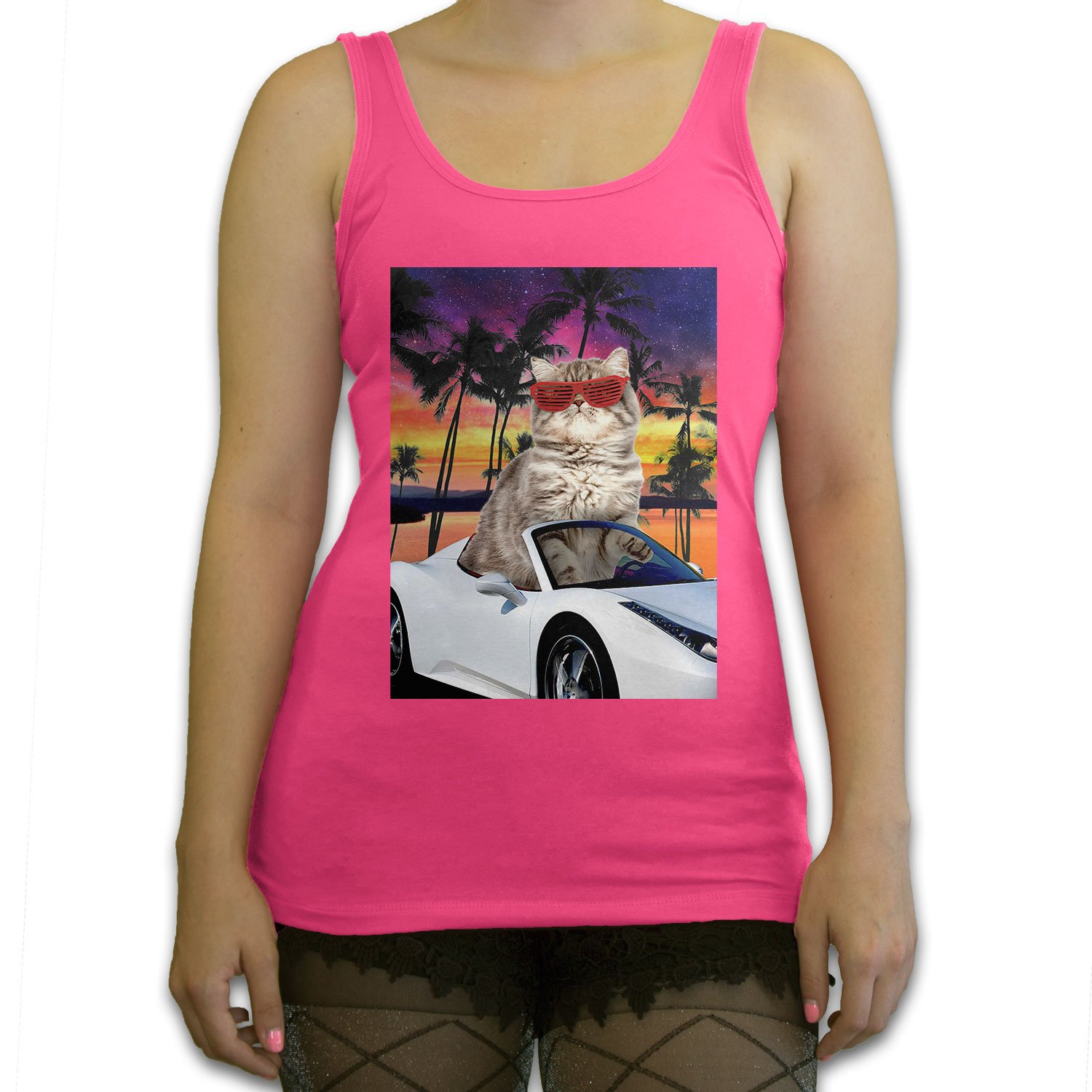 Stylish Miami Cat Print Women's Fashion Tank Top in Pink - Perfect for Summer Outfits, Beach Vacations & Casual Wear