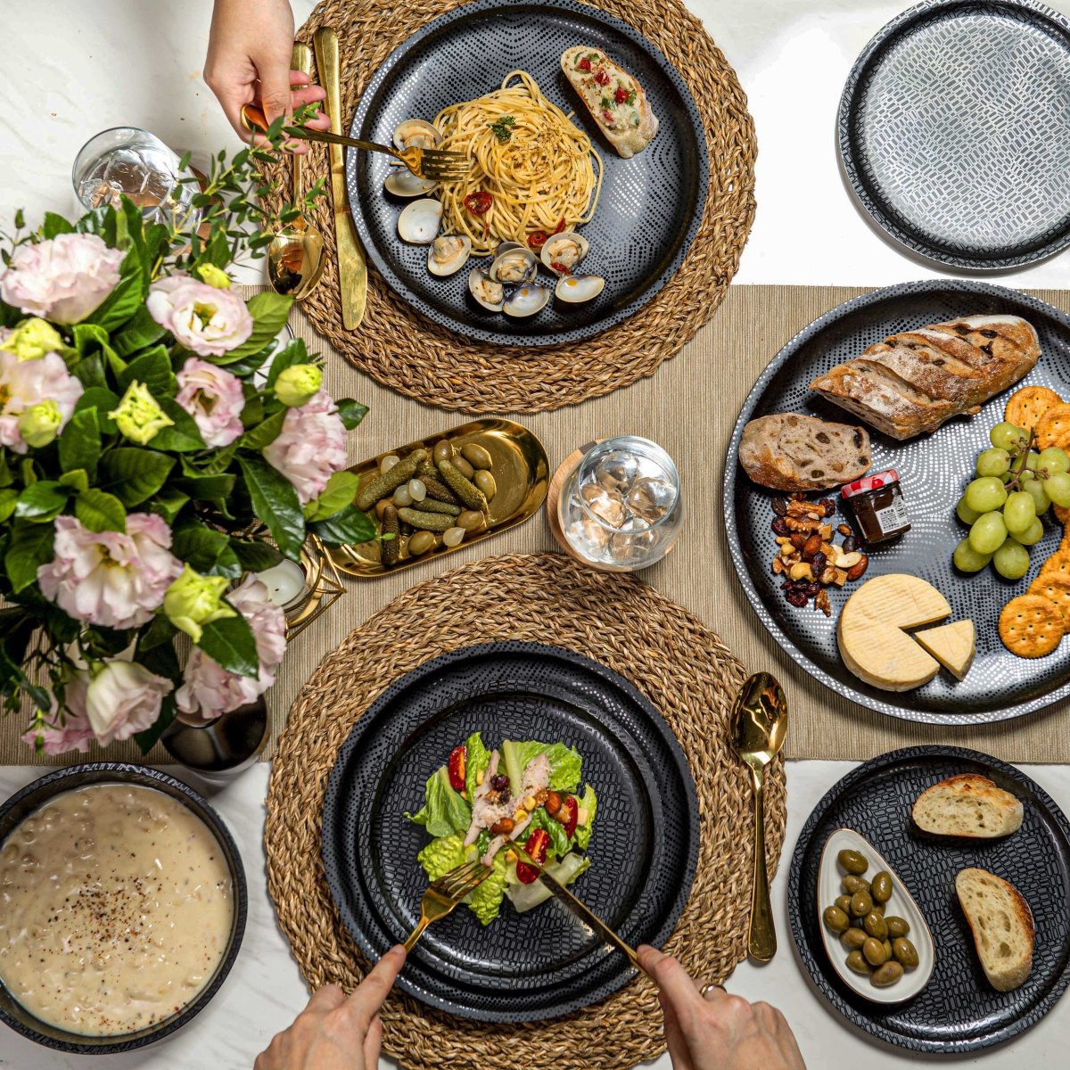 12-Piece Black Melamine Dinnerware Set - Durable Plates & Bowls for Outdoor Dining, Camping, and Picnics