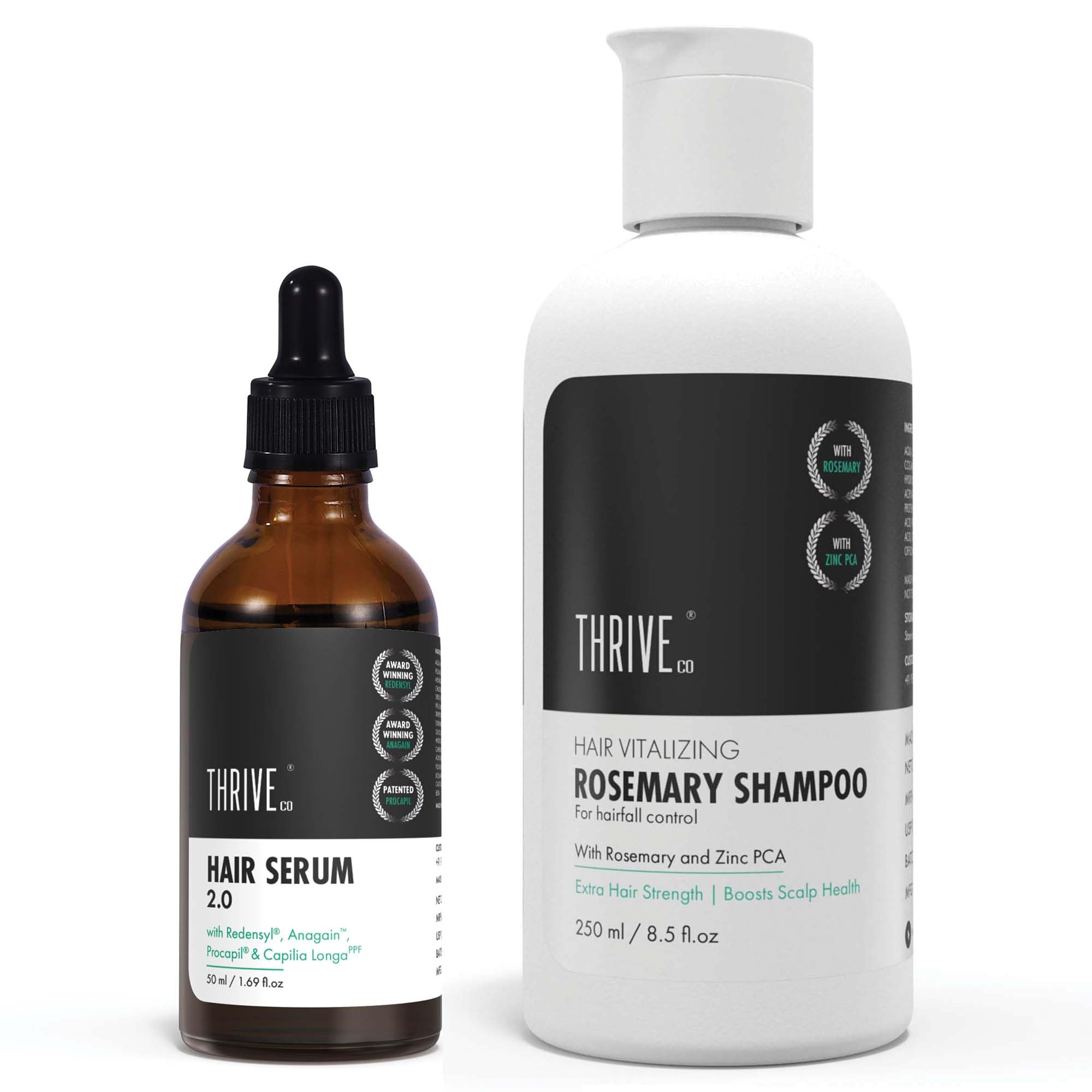Thriveco Hair Growth Serum & Rosemary Shampoo Set - 50ml Serum + 250ml Shampoo with Caffeine, Castor Oil & Biotin - Natural Hair Loss Treatment for Men & Women - Promotes Thicker, Healthier Hair for Daily Hair Care Routine