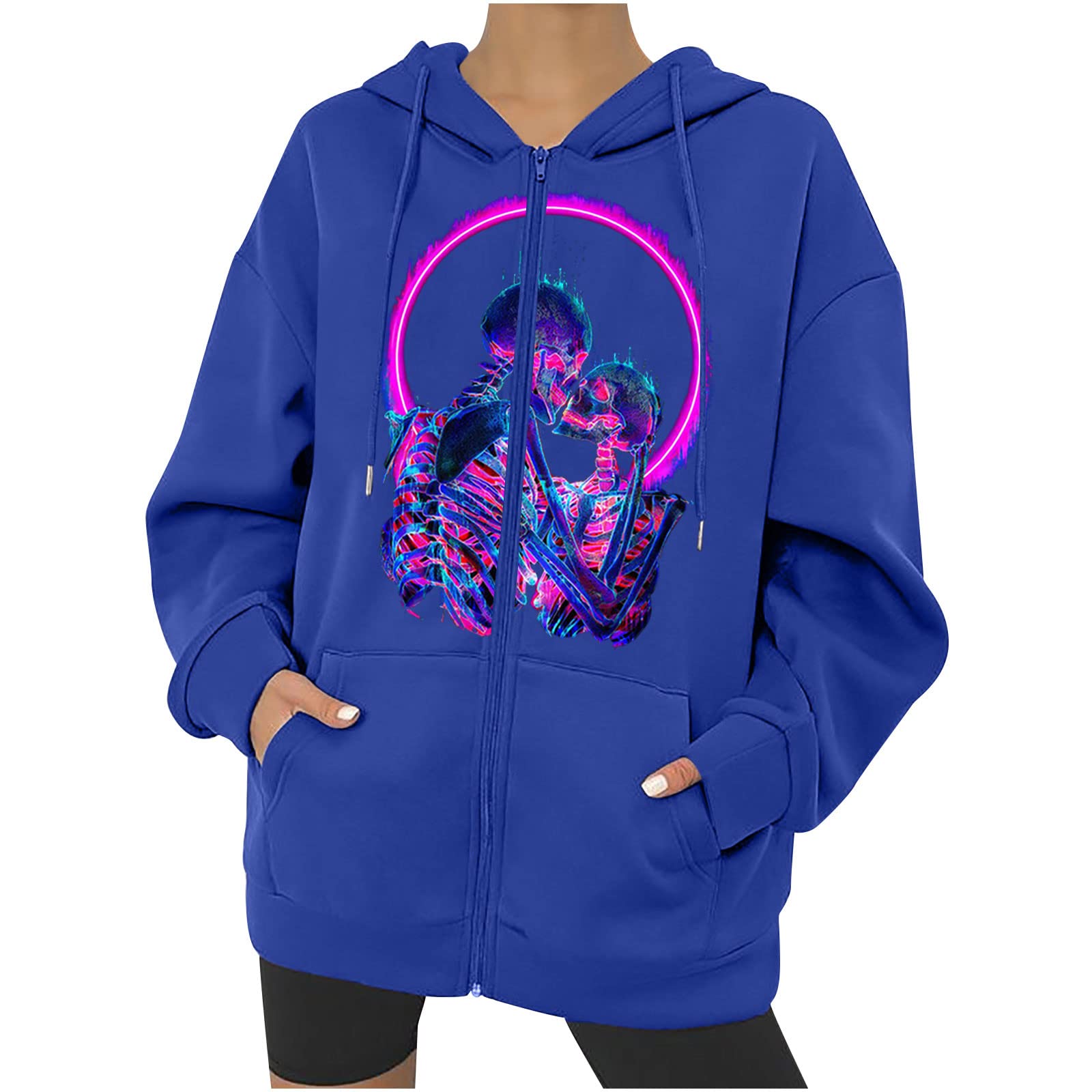 Anuyalue Women's Y2K Zip Up Hoodie - Gothic Skeleton Face Portrait Aesthetic Pullover | Lightweight Loose Punk Sweatshirt for Streetwear & Alternative Fashion