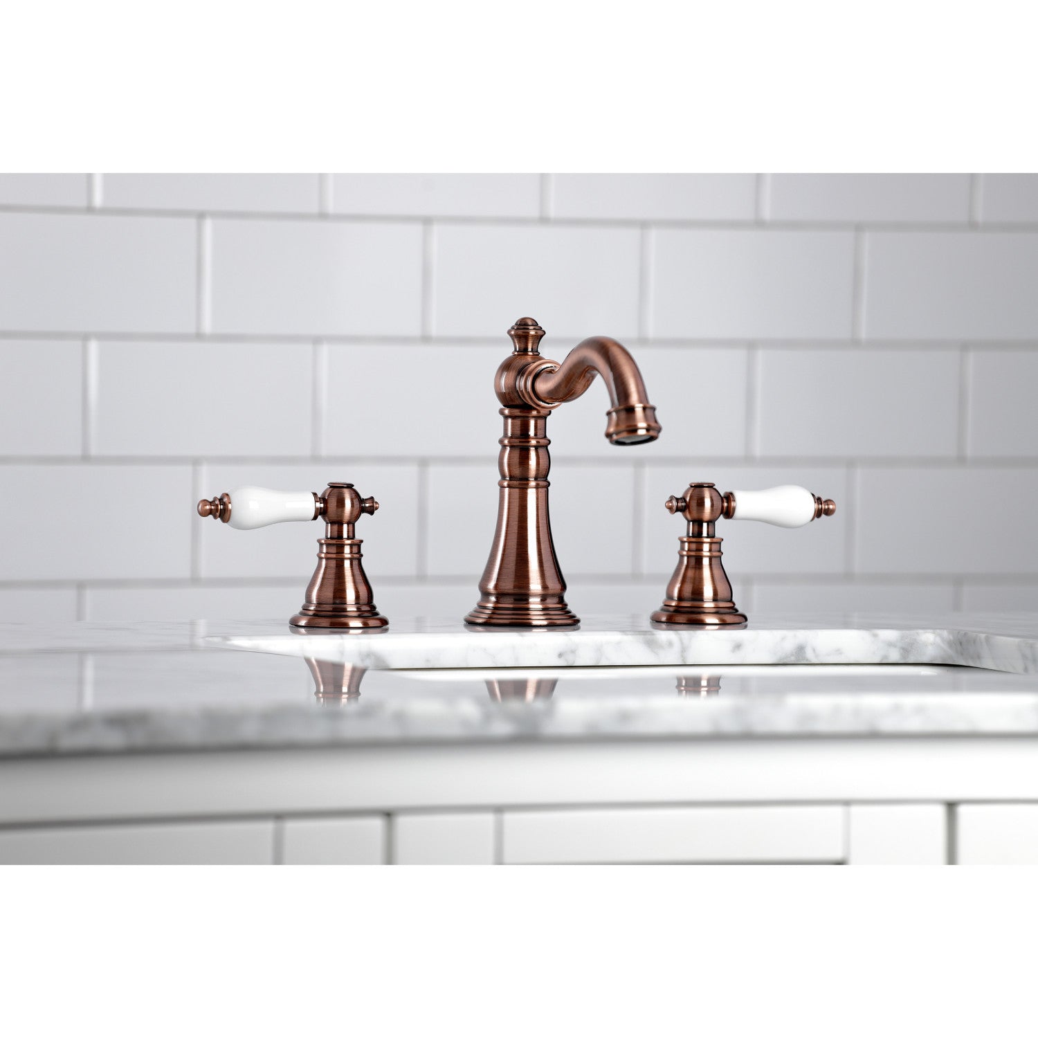 American Patriot FSC197APLAC Two Handle 3 Hole Widespread Bathroom Faucet with Brass Pop Up Drain - Antique Copper Finish for Vintage Style Bathrooms, Perfect for Bathroom Renovation and Home Upgrade