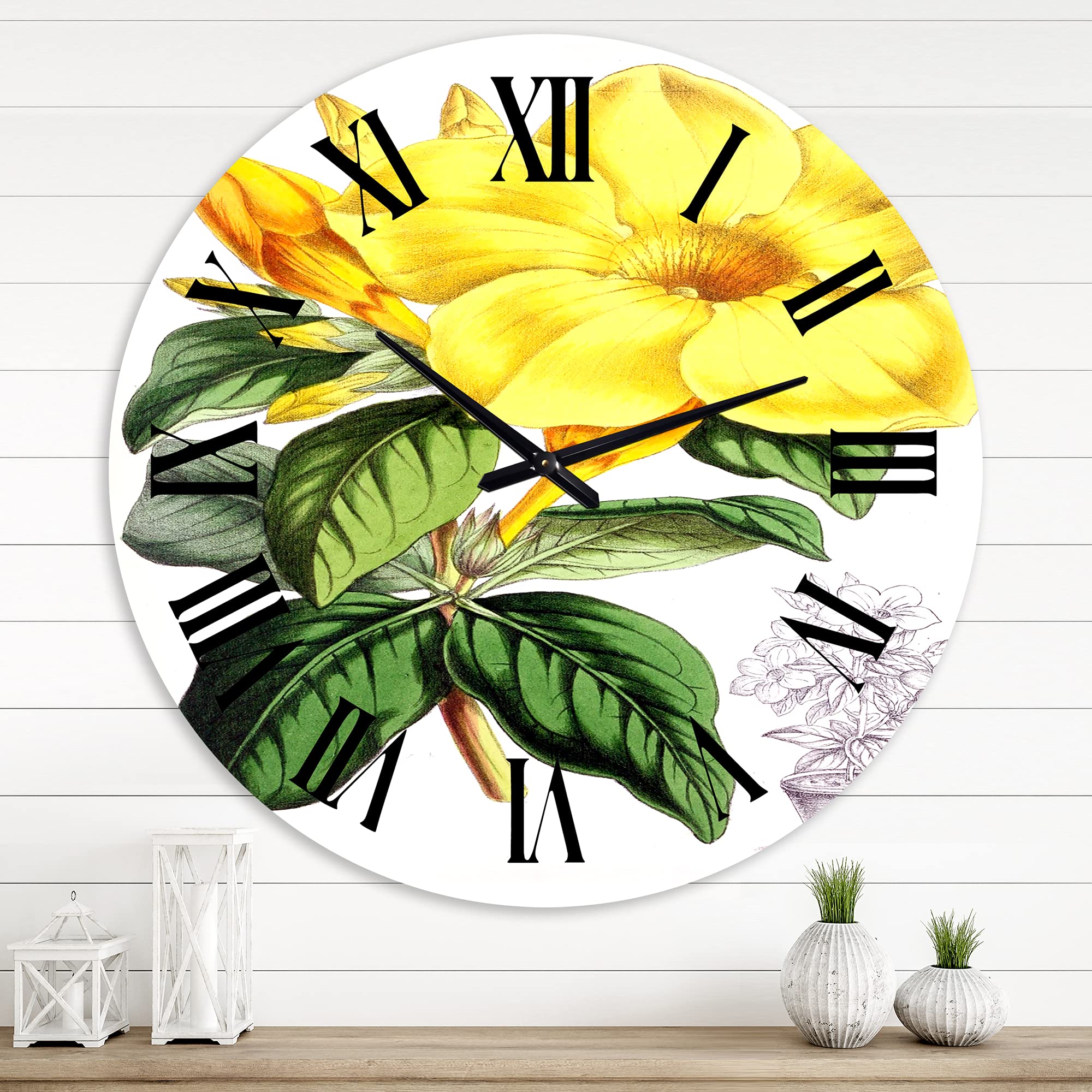 DesignQ Traditional Wall Clock - Tropical Yellow Flowers with Green Leaves II - Large Floral & Botanical Wall Clock for Home, Office, Kitchen, Living Room Decor
