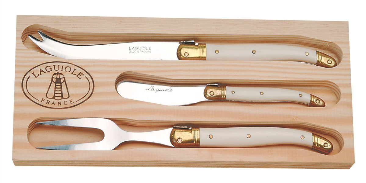 Jean Dubost Laguiole 4-Piece Spreader Set & 3-Piece Cheese Knife Set with Ivory Handles in Wooden Gift Box - Includes Kitchen Towels - Perfect for Cheese Tasting, Charcuterie Boards & Gourmet Entertaining