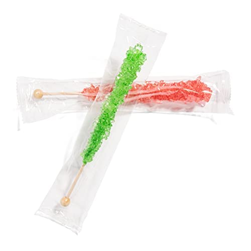 Merry Christmas Rock Candy Sugar Sticks - 10 Individually Wrapped Red & Green Holiday Candy Canes - Perfect for Stocking Stuffers, Party Favors & Christmas Decorations