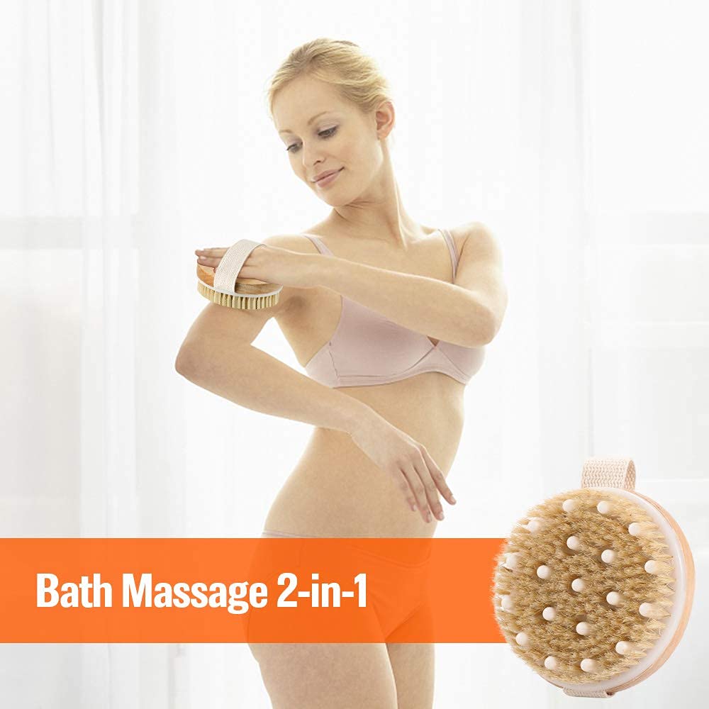 Exfoliating Body Brush with Solid Wood Frame - Round Bath Brush for Skin Softening, Improved Circulation & Ingrown Hair Prevention - Perfect for Shower, Spa & Home Skincare Routine