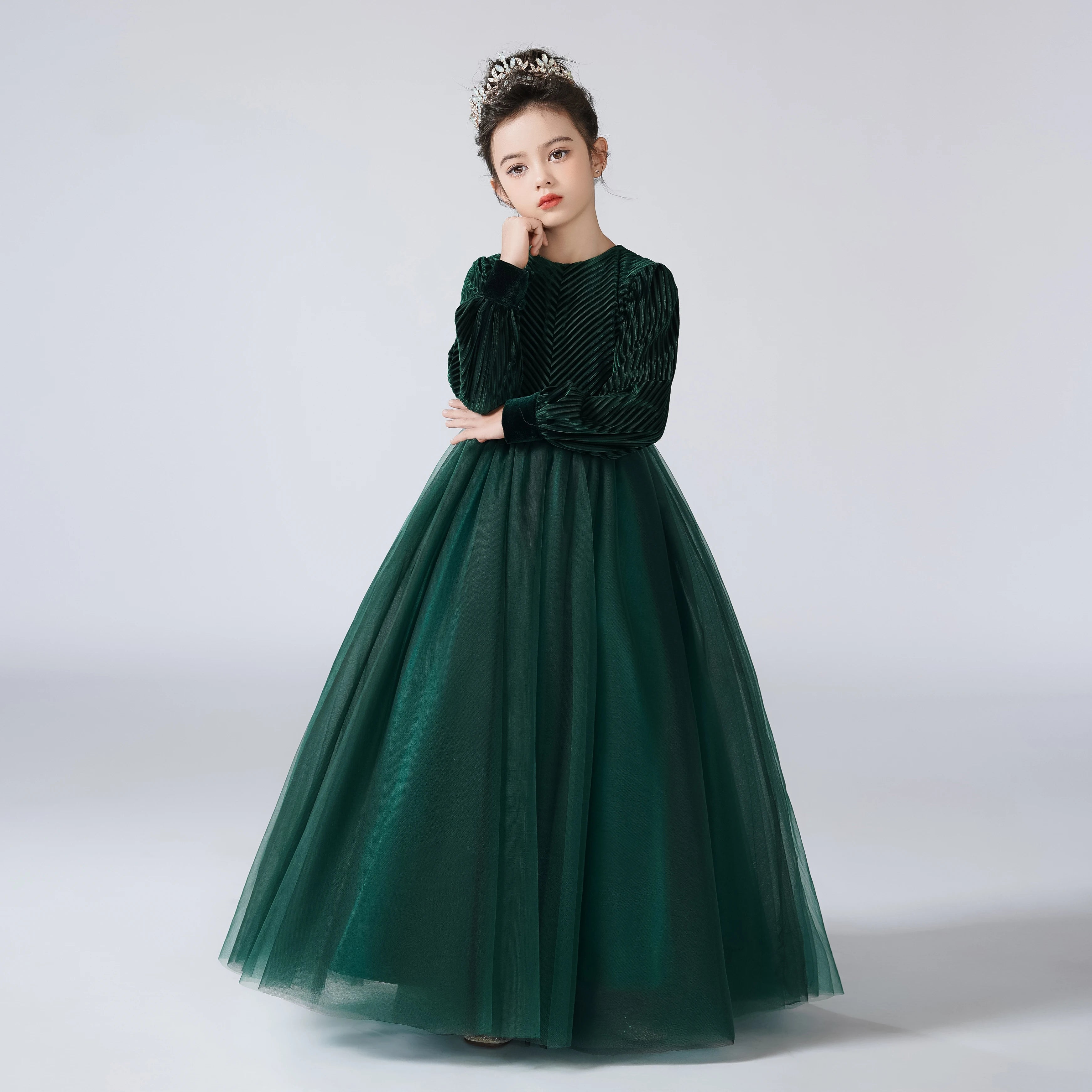 Velvet Full Sleeve Long Skirt Green Girls Formal Dress Pageant Gown for Special Occasions, Birthday Parties & Holiday Events