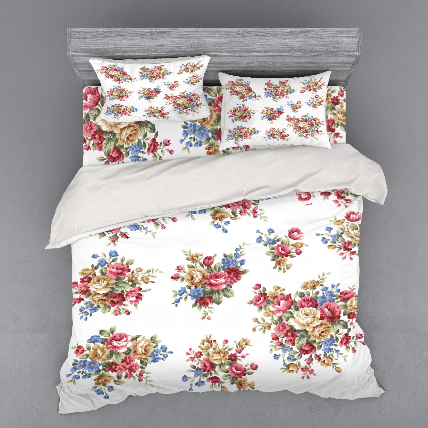 Ambesonne Vintage Floral Duvet Cover Set - King Size 4-Piece Bedding with Shams & Fitted Sheet, Dark Coral Blue Tan Rose Bouquet Design for Romantic Wedding & Bedroom Decor