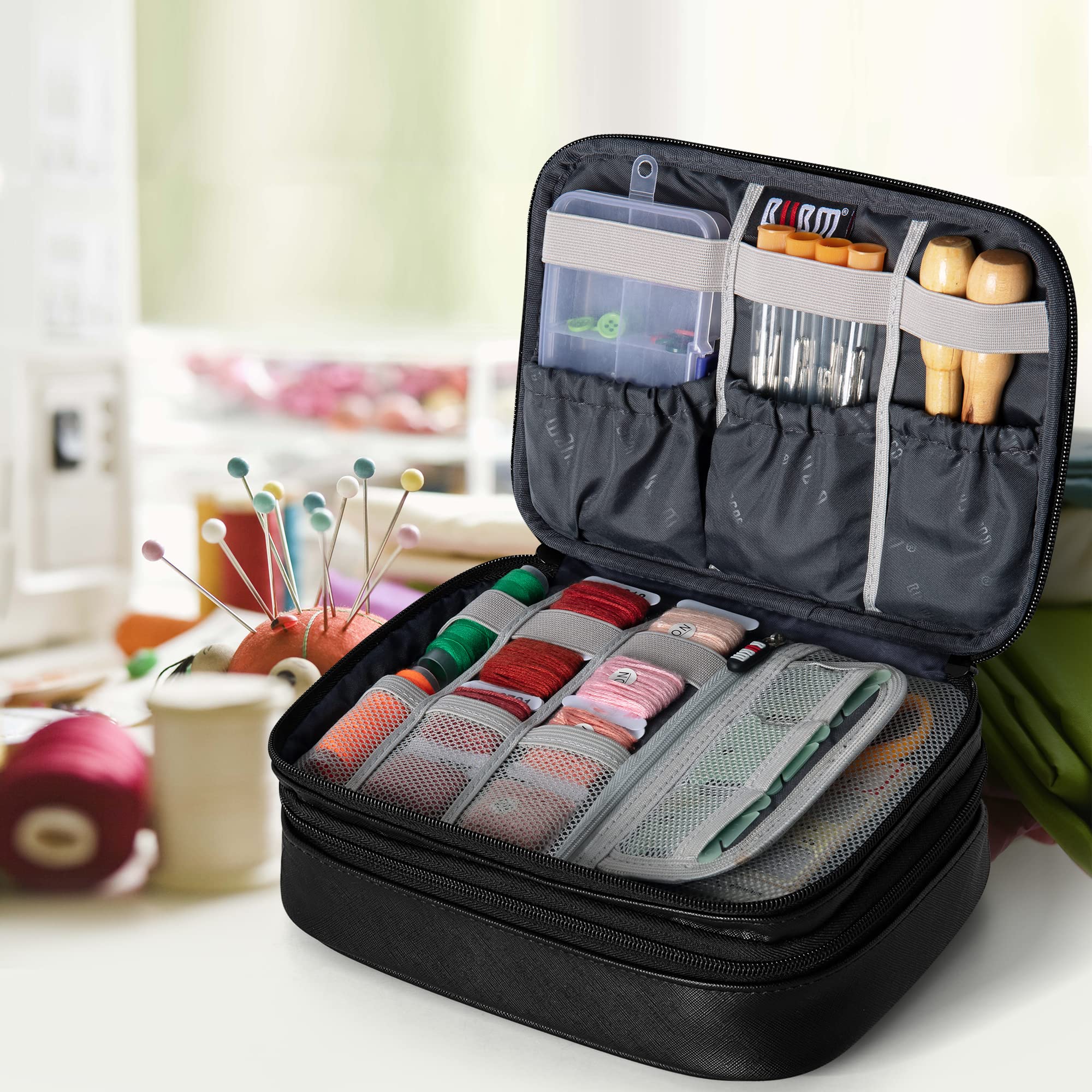BUBM Double Layer Sewing Organizer with Detachable Dividers - PU Black Sewing Supplies Storage Bag for Needles, Threads & Notions | Perfect for Home Sewing, Quilting & Craft Projects