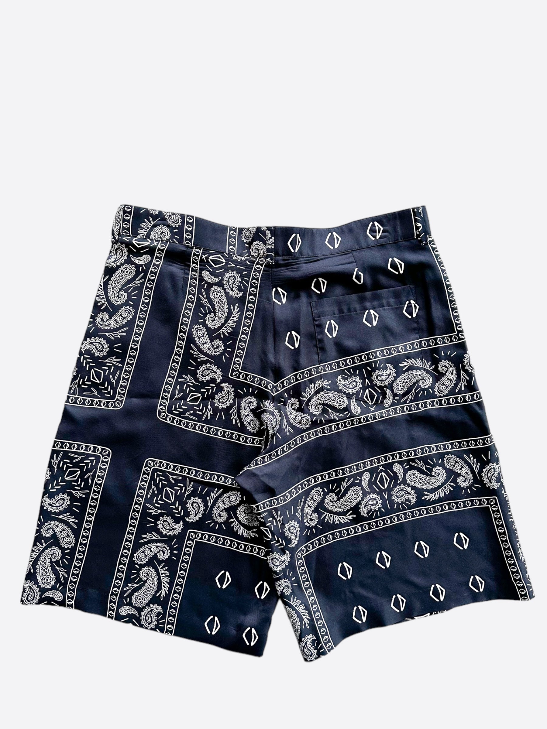 Dior Cactus Jack Navy & White Diamond Bandana Print Silk Shorts for Men - Luxury Designer Swimwear & Beach Vacation Outfit