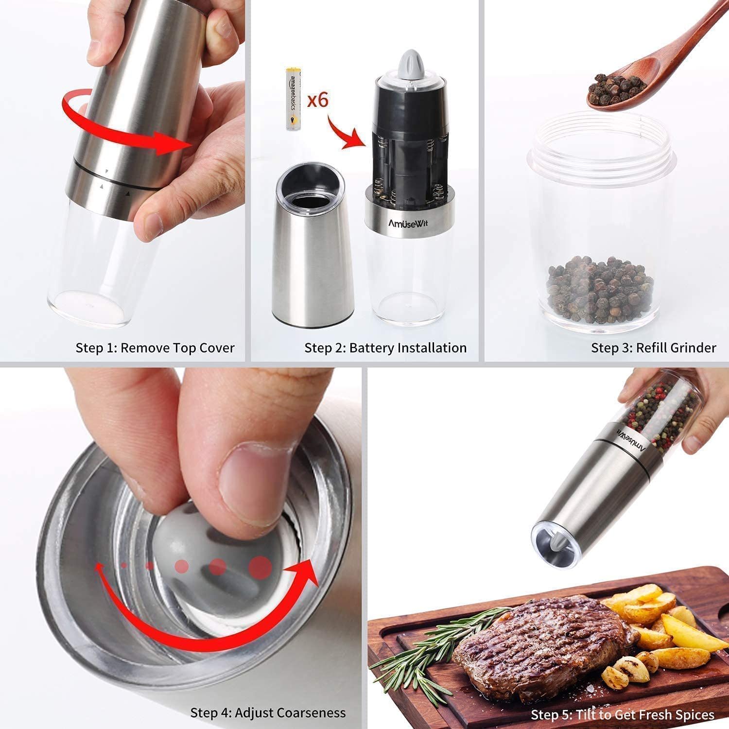 AmuseWit 6-Piece Gravity Electric Salt and Pepper Grinder Set - Battery Powered Automatic Salt & Pepper Mill with LED Light, Adjustable Coarseness, One-Hand Operation & Cleaning Brush - Perfect for Kitchen, Dining Table, Camping & Gifts