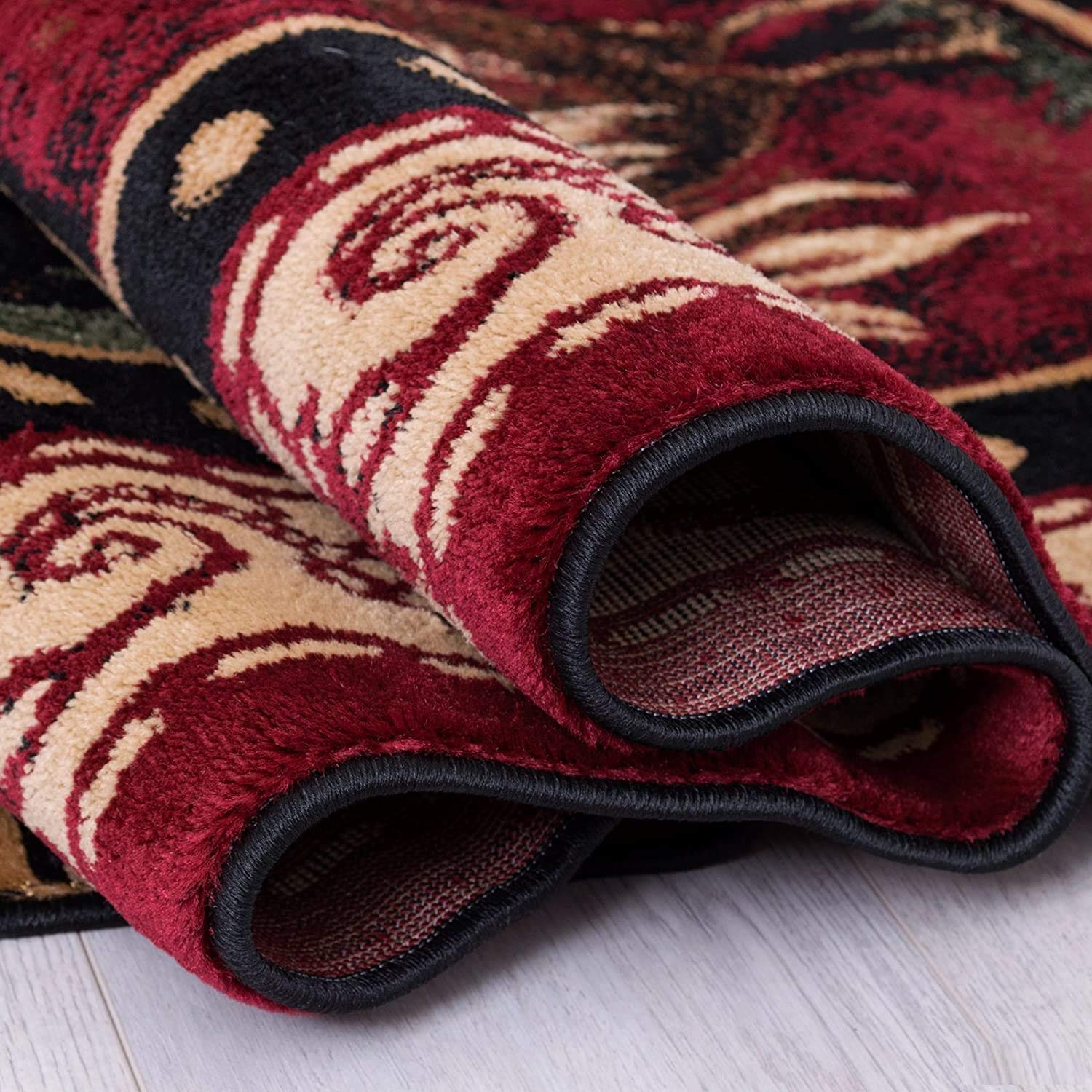 Champion Rugs Rustic Lodge Roosters Kitchen Carpet - Woven Area Rug in Green, Black & Red (5’3” x 7’5”) - Perfect for Farmhouse, Cabin & Country Kitchen Decor