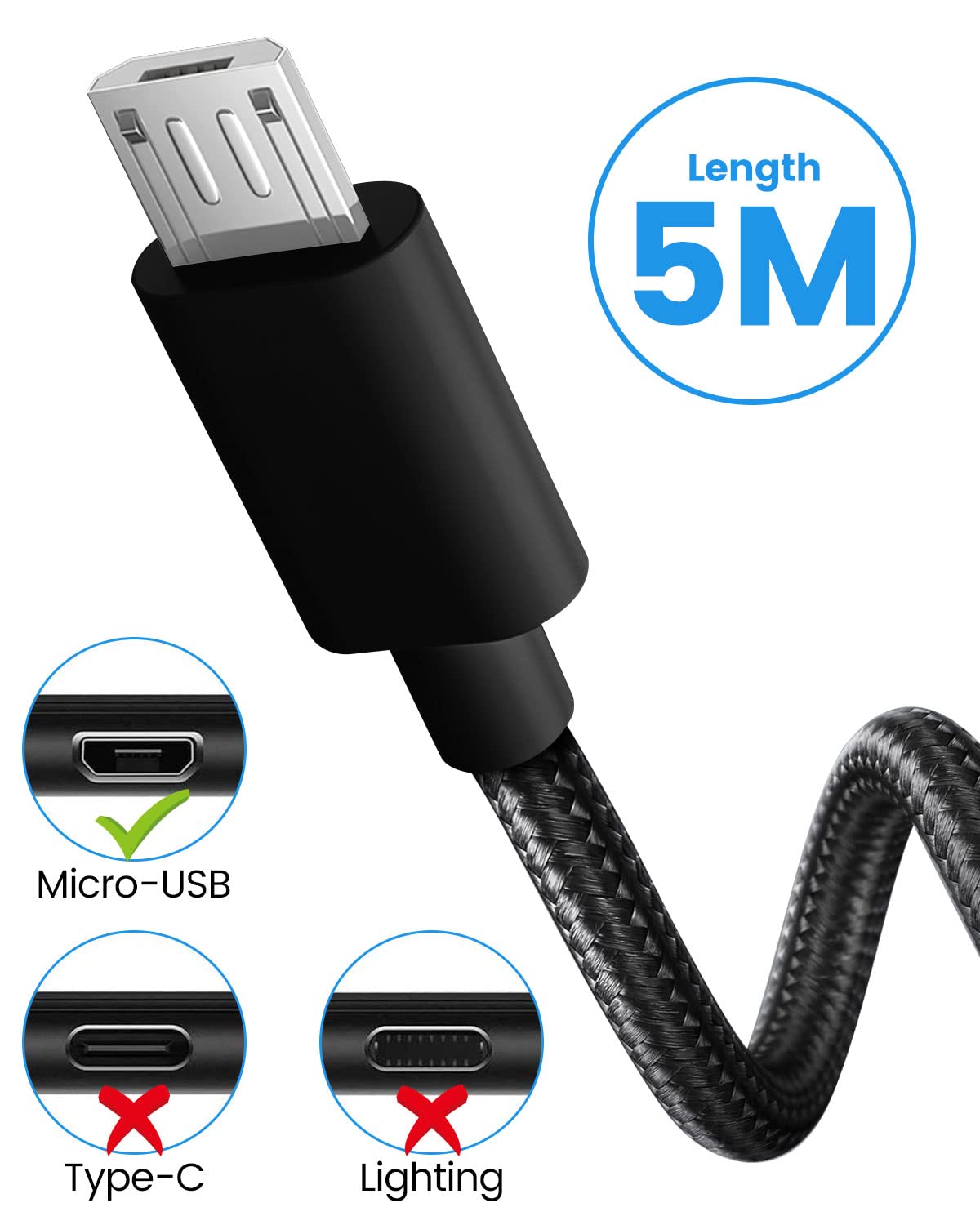 5M Micro USB Cable - Durable Nylon Braided Long Android Charger Cord for Samsung S7/S6/S5, PS4 Controller, Kindle Fire, Sony & HTC Devices | Fast Charging & Data Sync | Perfect for Gaming, Travel & Home Use