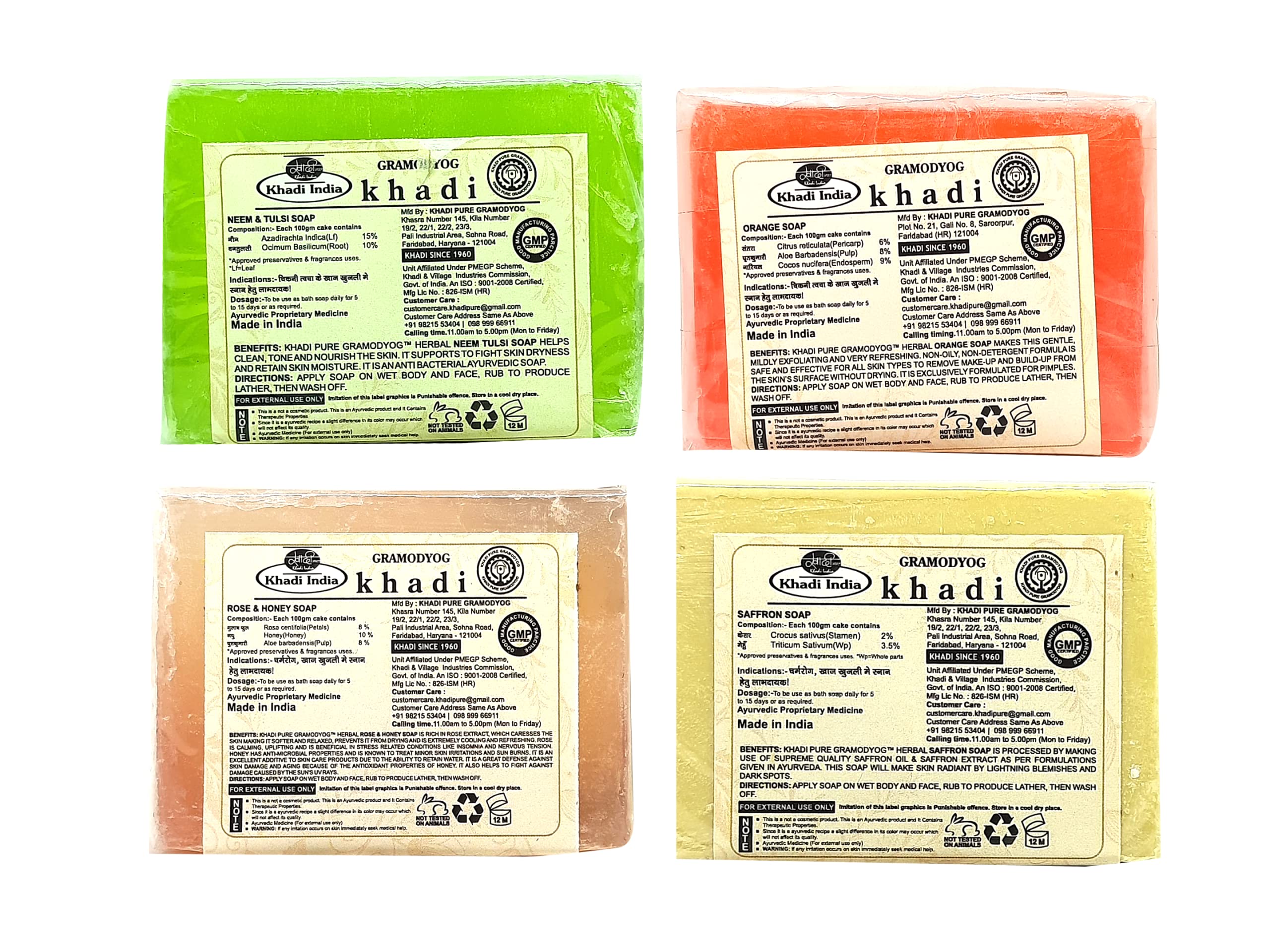 Khadi Pure Neem Tulsi, Orange, Rose Honey & Saffron Soap - 125g (Pack of 4) | Natural Ayurvedic Herbal Soap for Glowing Skin & Acne Treatment | Perfect for Daily Cleansing, Sensitive Skin & Spa Relaxation