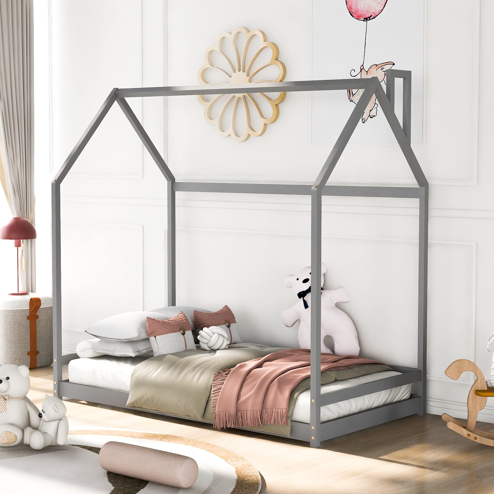 Solid Wood Twin Size House Bed with Roof - Canopy Daybed & Floor Platform Bed for Kids, Teens & Toddlers - Durable Gray Wooden Bed Frame for Nursery, Playroom & Bedroom Decor