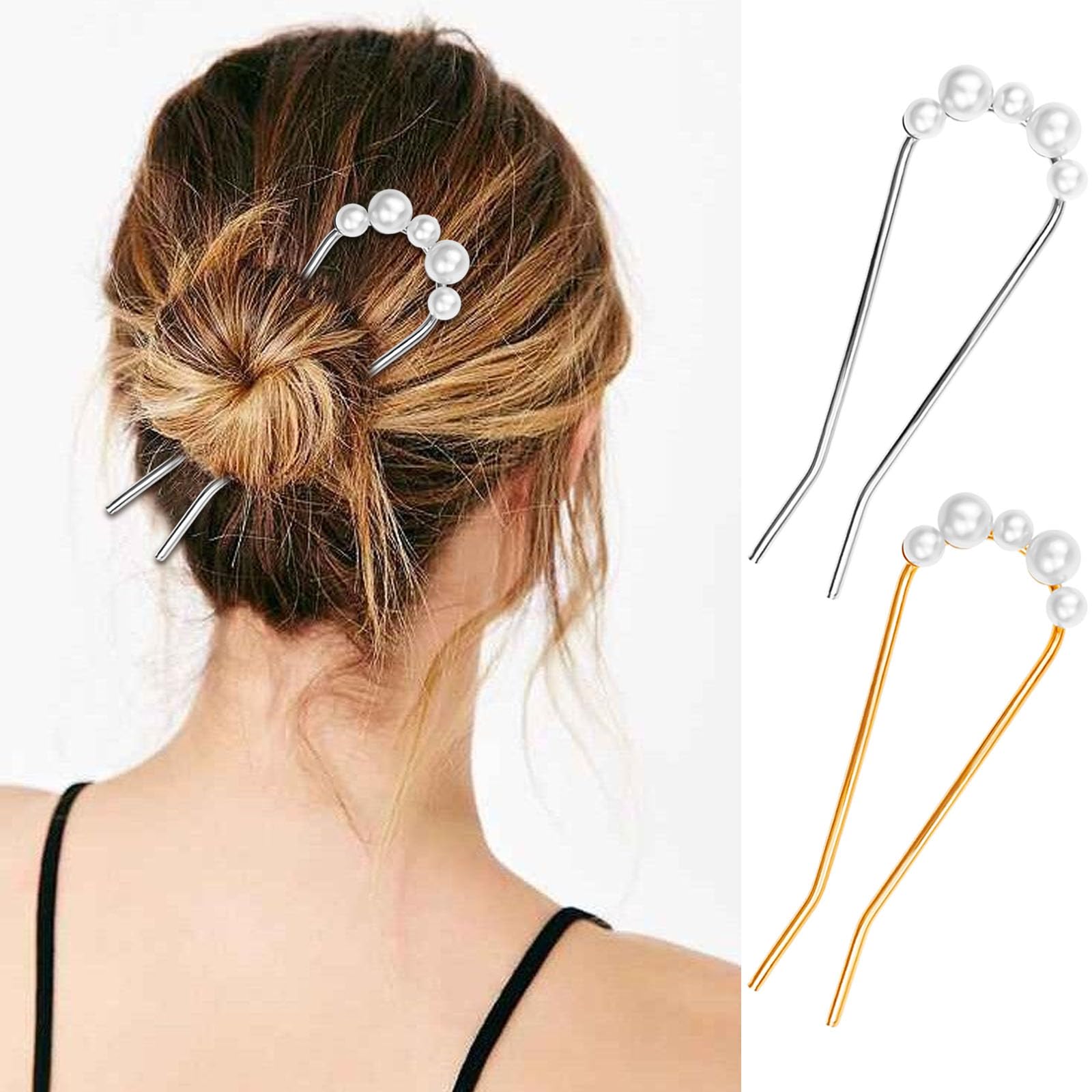 4 Pack Pearl Rhinestone U-Shape Hair Forks - Wedding Updo Bun Sticks, Bridal Hair Pins for Women & Girls - Perfect for Weddings, Prom, Parties & Formal Events