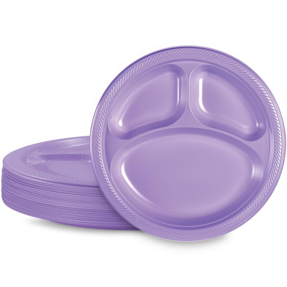 Lavender 3-Section Plastic Plates - 10 Inch Disposable Dinnerware (20 Pack) - Colorful Party Plates for Birthday, Wedding, Picnic & Outdoor Events - Durable & Convenient Tableware for Any Occasion