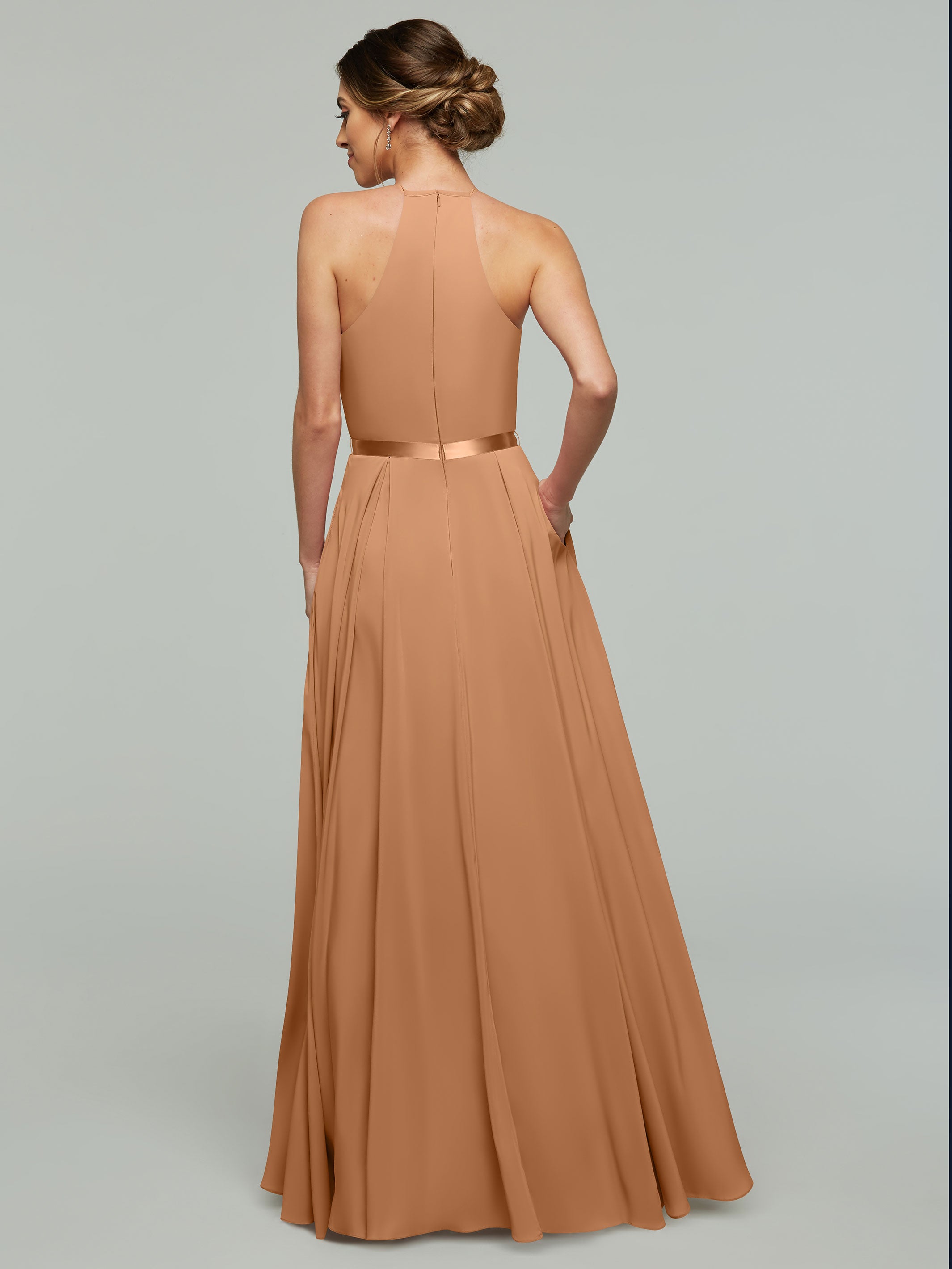 Elegant A-Line Stretch Chiffon Bridesmaid Dress with Halter Neckline & Adjustable Waist Belt - Perfect for Weddings, Formal Events & Special Occasions