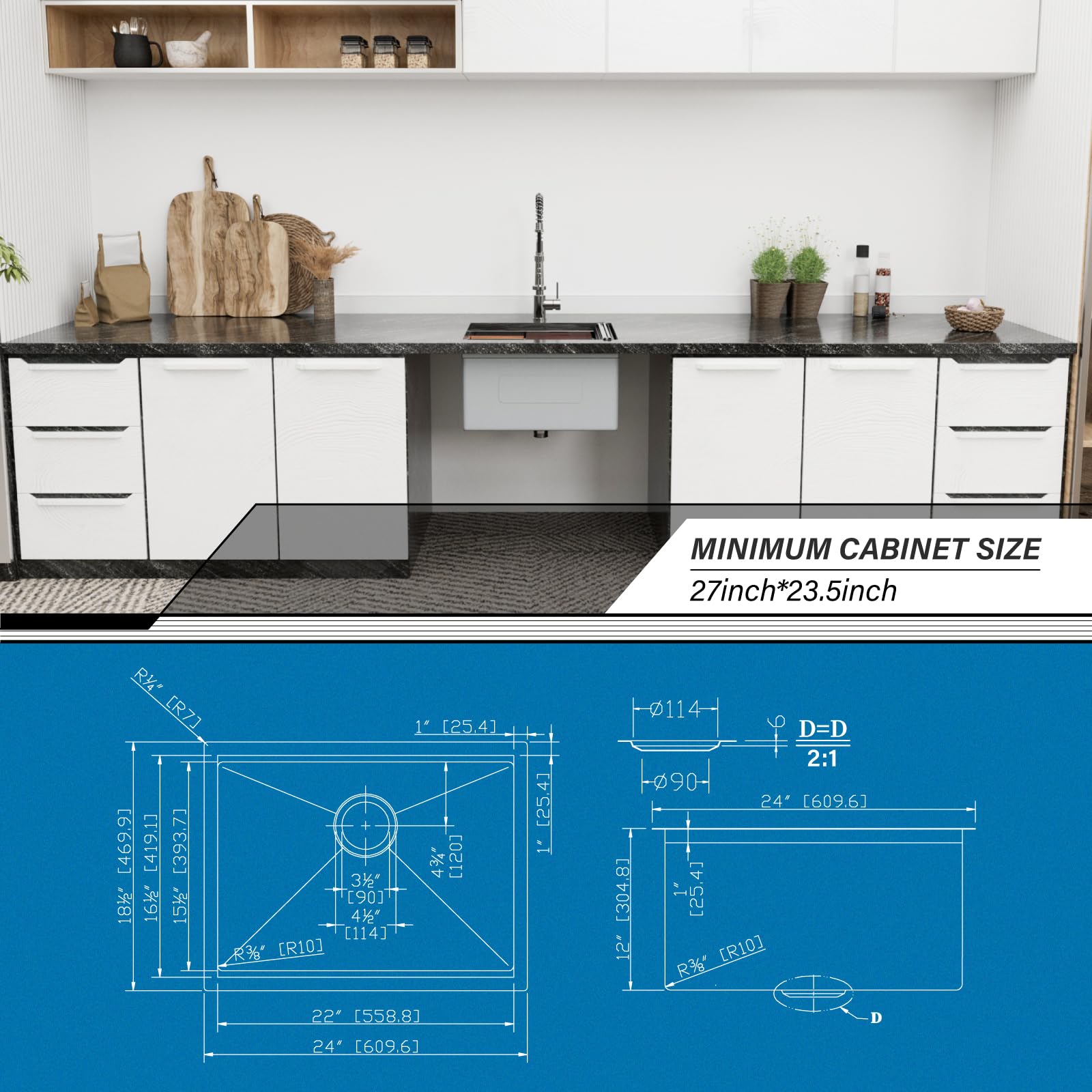 **Davivy 24 Inch Undermount Kitchen Sink - 16 Gauge Stainless Steel Single Bowl Workstation Sink (24x18.5 Inch) with Single Track & Accessories - Perfect for Home, Restaurant & Commercial Kitchens**