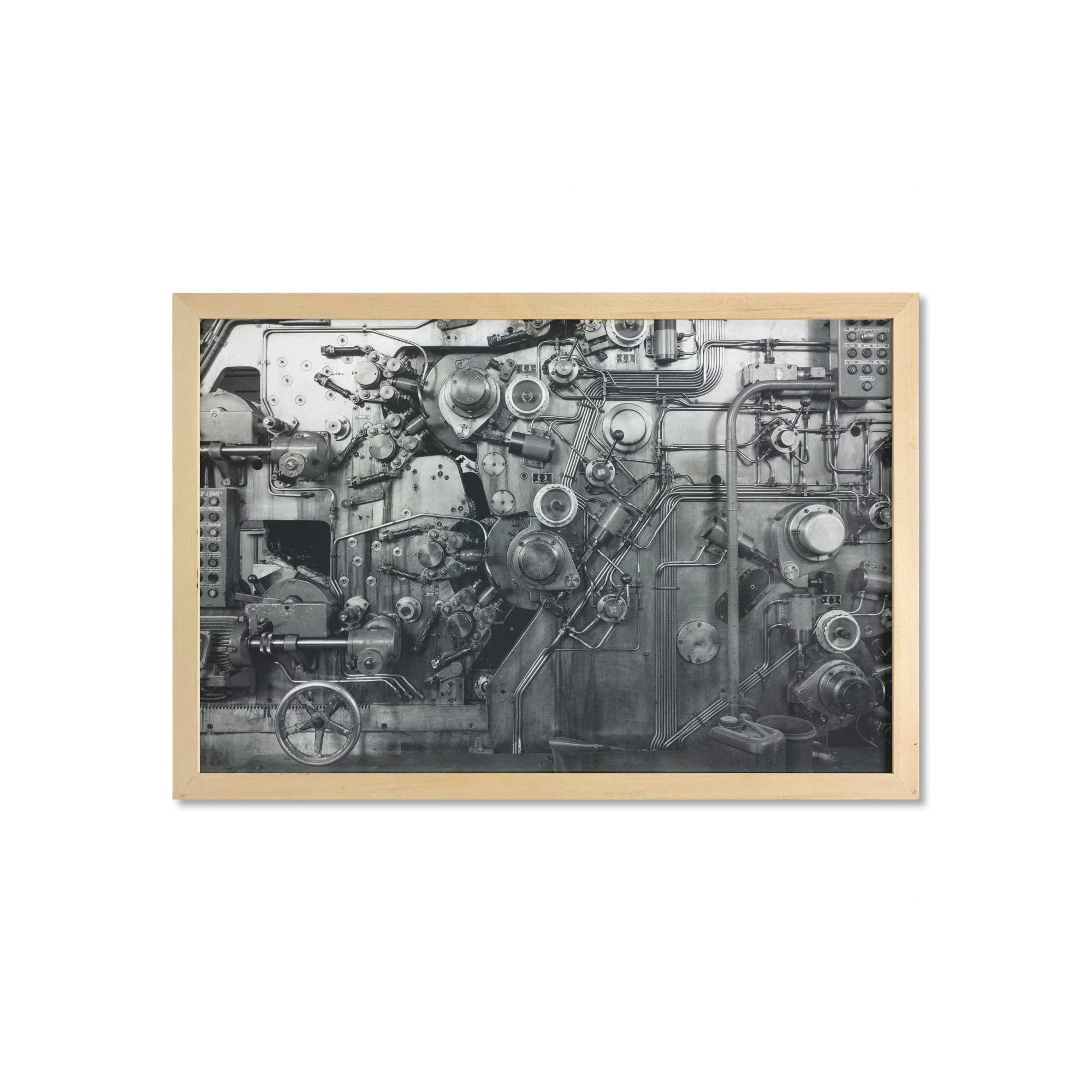 Ambesonne Industrial Wall Art with Frame - Vintage Rusted Machine Factory Print, Black & White Fabric Poster 35