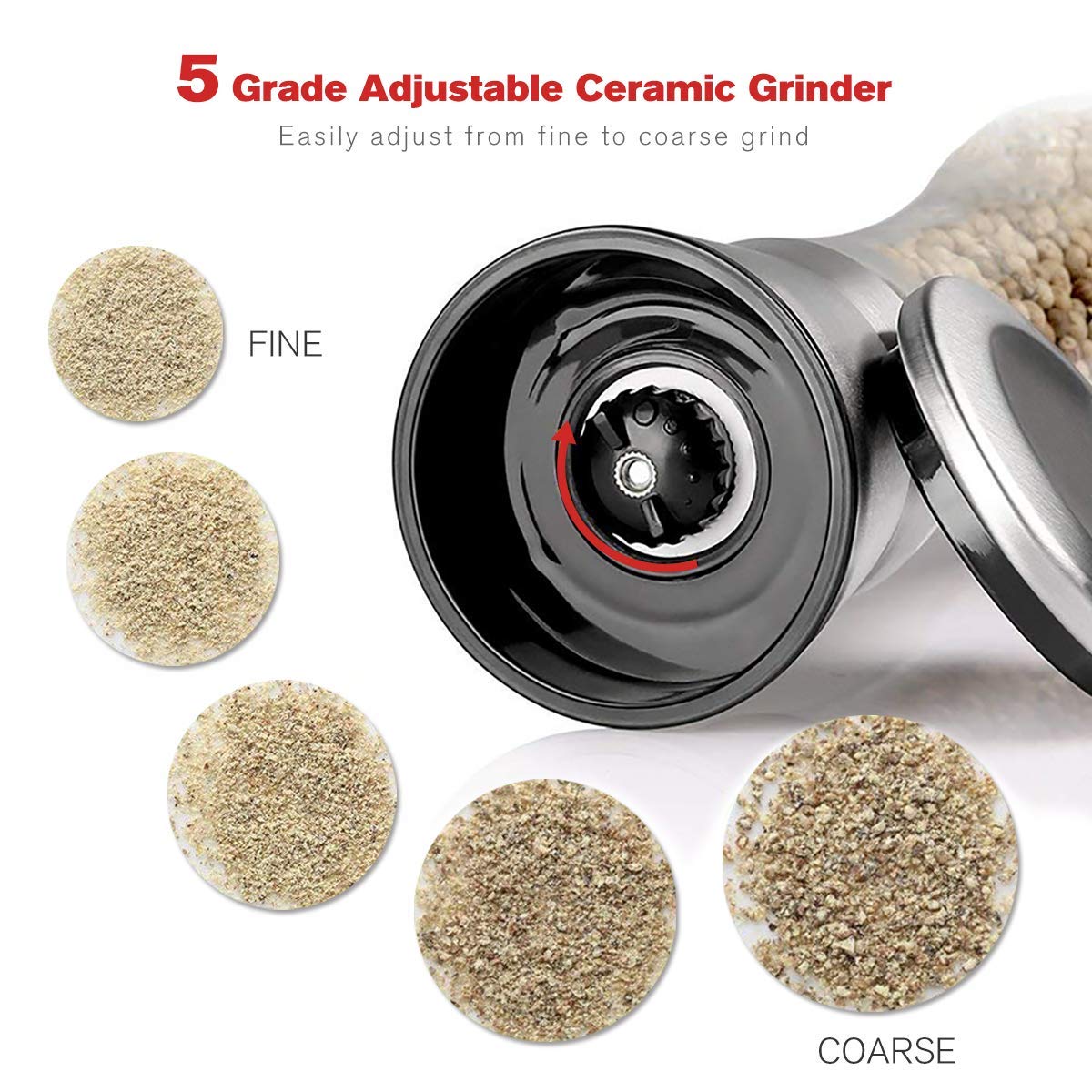 Premium Stainless Steel Salt and Pepper Grinder Set - Adjustable Coarseness with 5 Grinding Levels - Kitchen Spice Mill for Freshly Ground Seasoning - Perfect for Cooking, Baking, and Tabletop Use