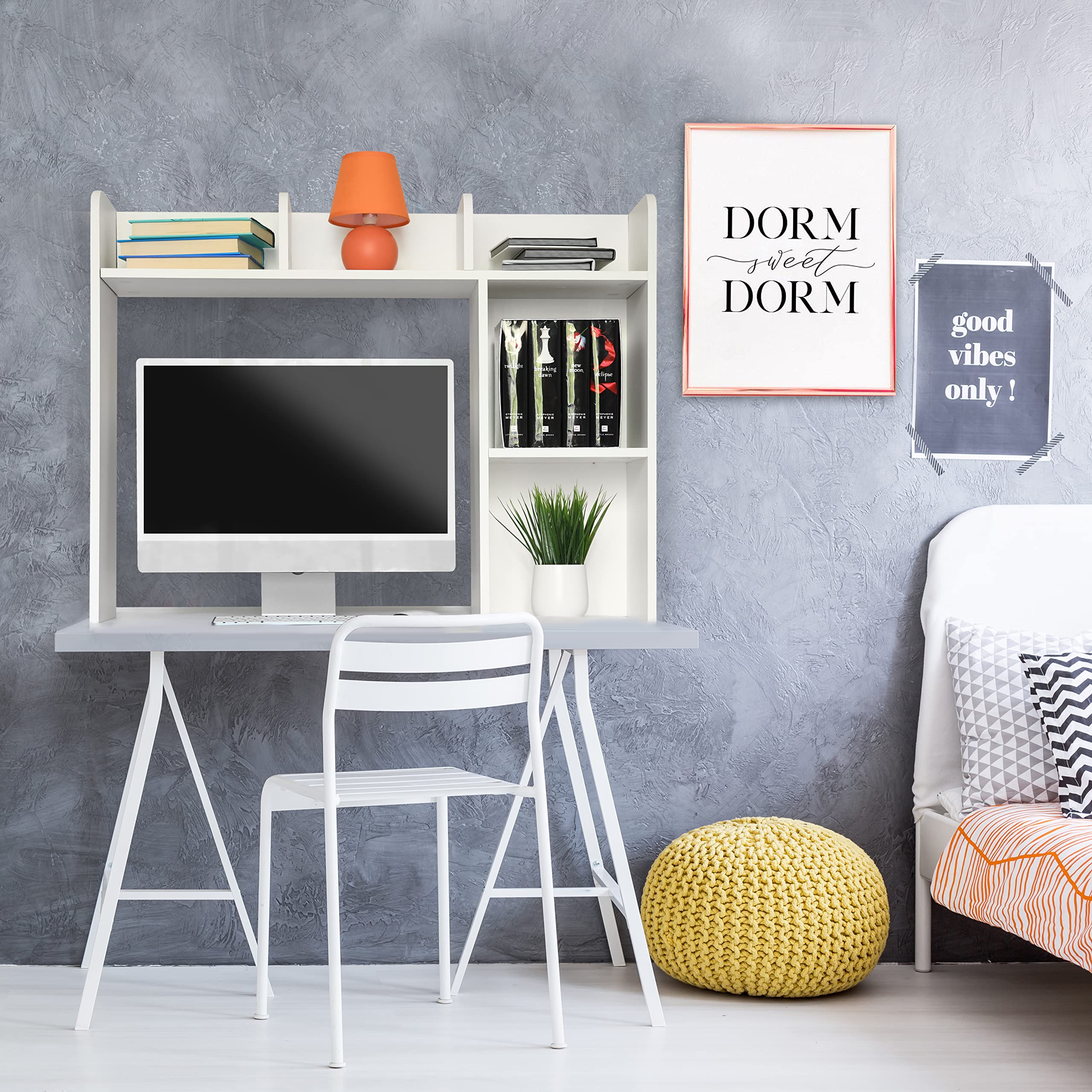 GlossyEnd Sturdy & Elegant White Wooden Dorm Desk Bookshelf Organizer - Office & College Desktop Storage for Books, Supplies & Decor | Perfect for Small Spaces, Dorm Rooms & Home Offices