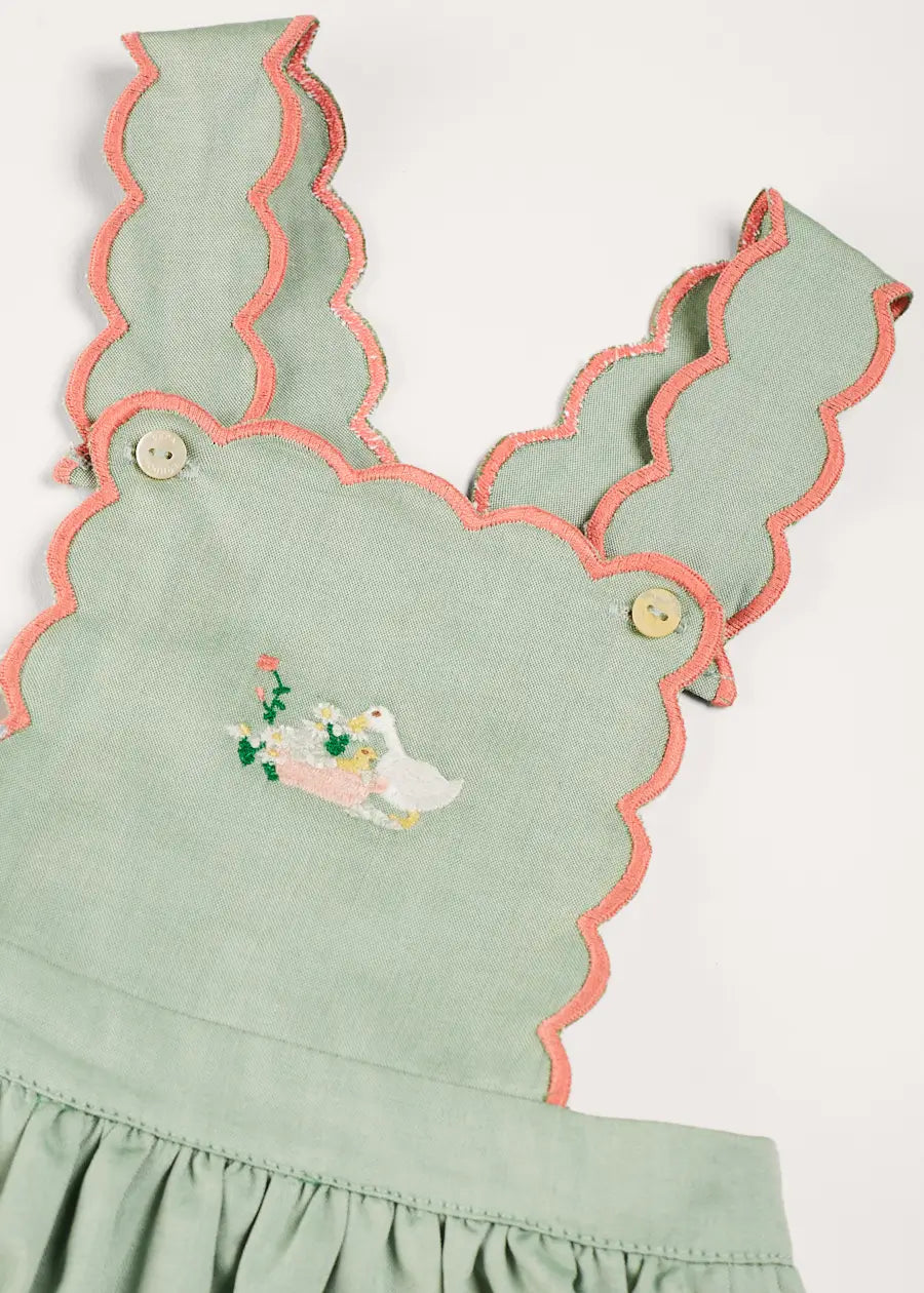 Green Duck Embroidered Scallop Detail Adjustable Suspender Skirt for Girls 18 Months to 6 Years - Perfect for Spring Outfits, Photo Shoots & Special Occasions