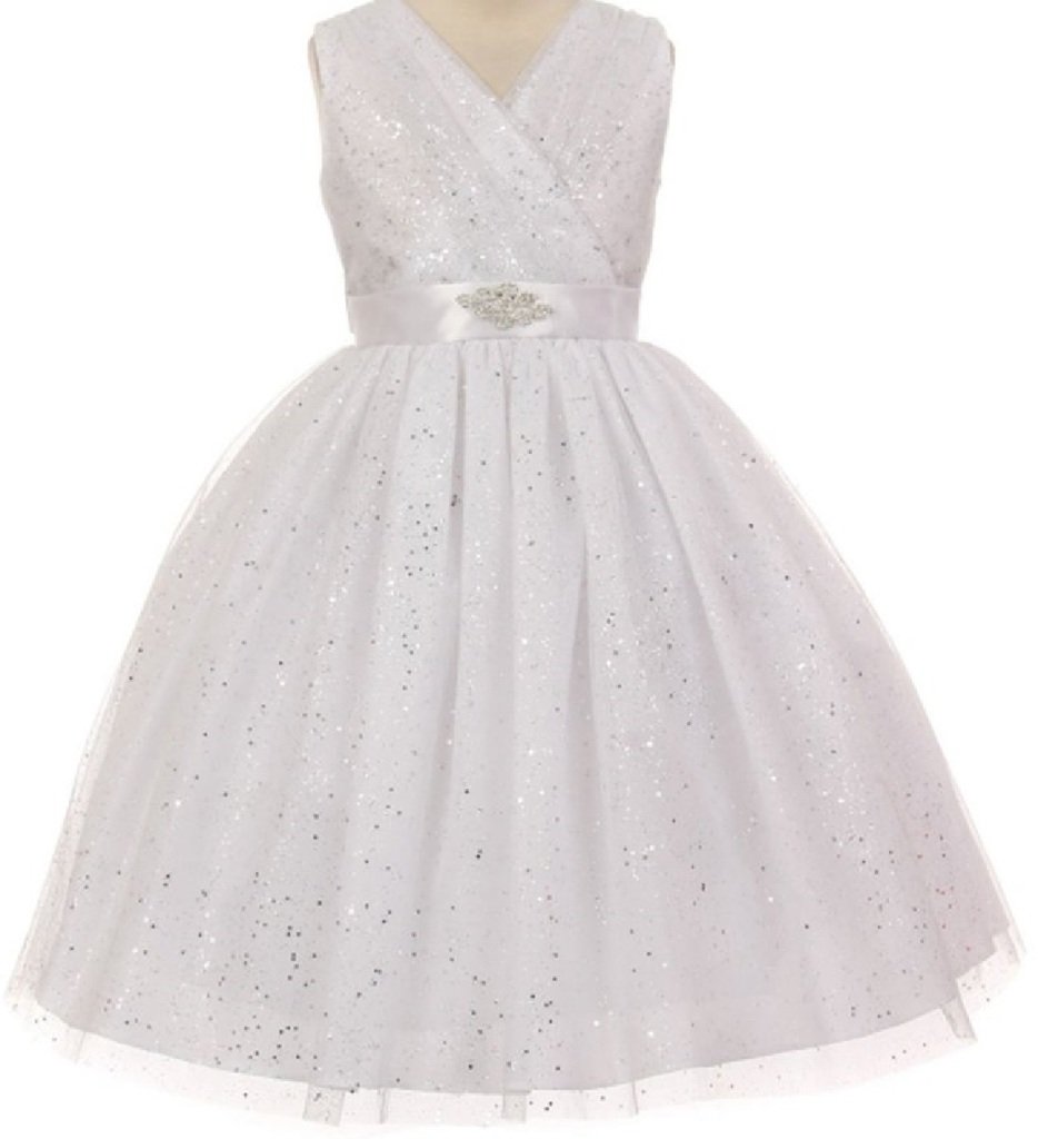 Sparkly Girls Glitter V-Neck Rhinestone Flower Dress for Special Occasions - Birthday Party, Pageant, Holiday Celebration