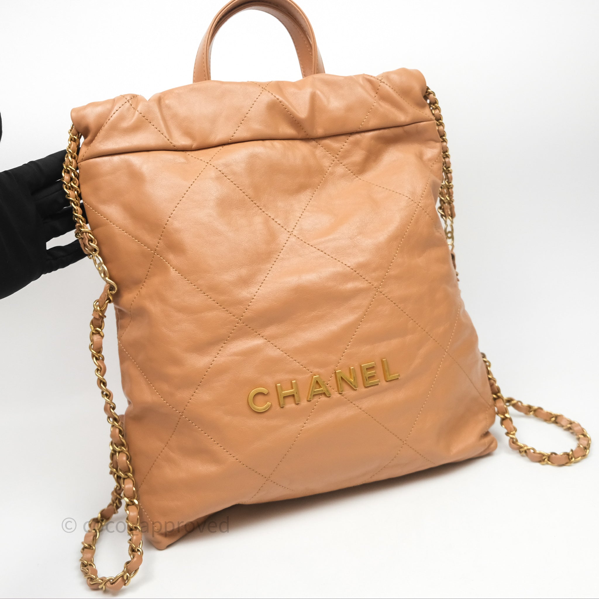 Chanel 22 Small Backpack in Camel Shiny Calfskin with Gold Hardware - Luxury Designer Handbag for Women, Perfect for Everyday Use & Travel Accessories