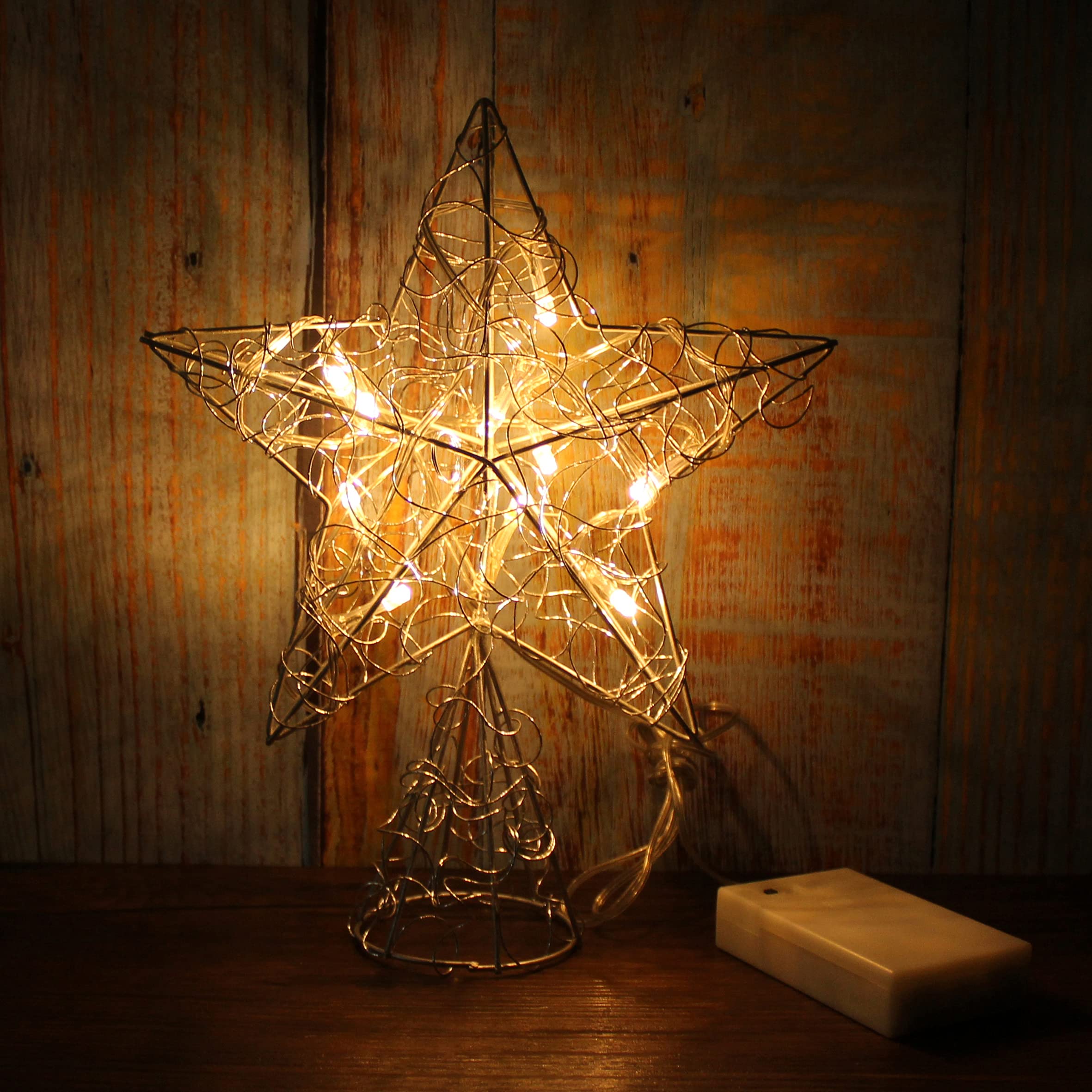 CVHOMEDECO Silver Wire Twine Tree Topper Star with Bright White LED Lights & Timer - 8x10 Inch Christmas Tree Decorations for Holiday, Party & Home Decor - Perfect for Xmas Trees, Mantels & Seasonal Displays