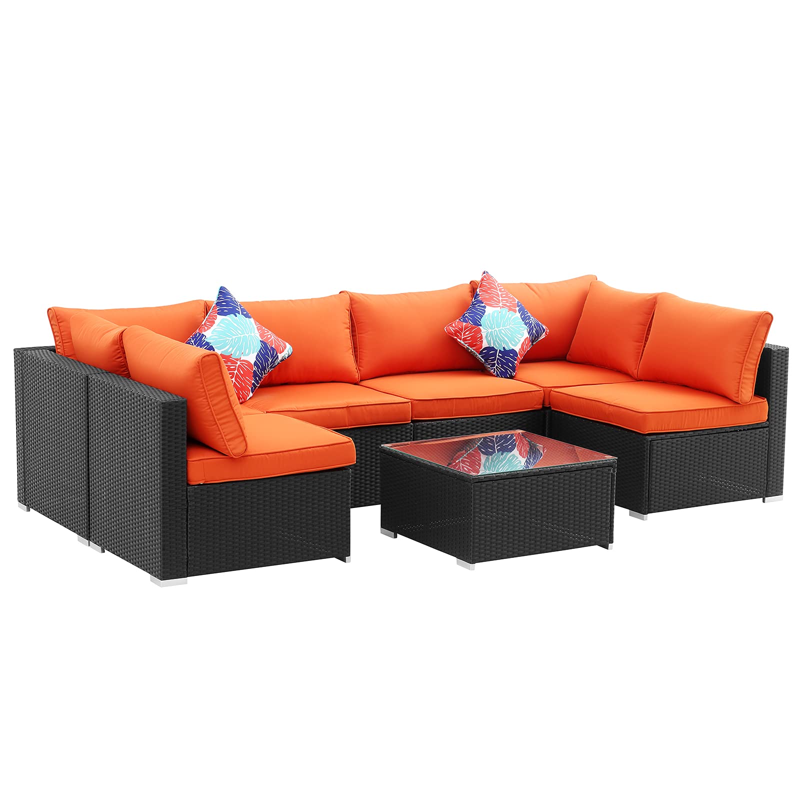 Diophros 7-Piece All-Weather Wicker Patio Furniture Set - Outdoor Sectional Sofa with Cushions & Glass Coffee Table - Rattan Conversation Set for Garden, Poolside & Backyard (Orange)