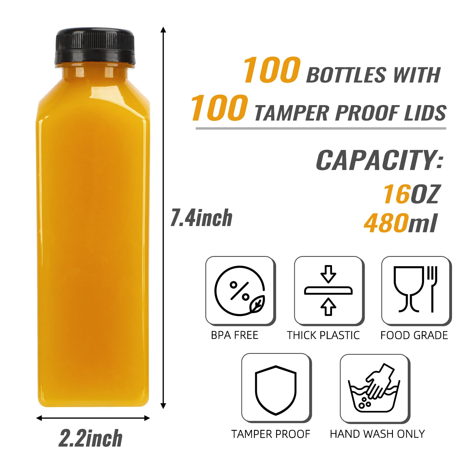 TOMNK 100 Pack 16oz Plastic Juice Bottles with Black Caps - Includes Labels, Funnel & Brush - Perfect for Juicing, Smoothies, Tea, Milk, Meal Prep & DIY Beverage Storage
