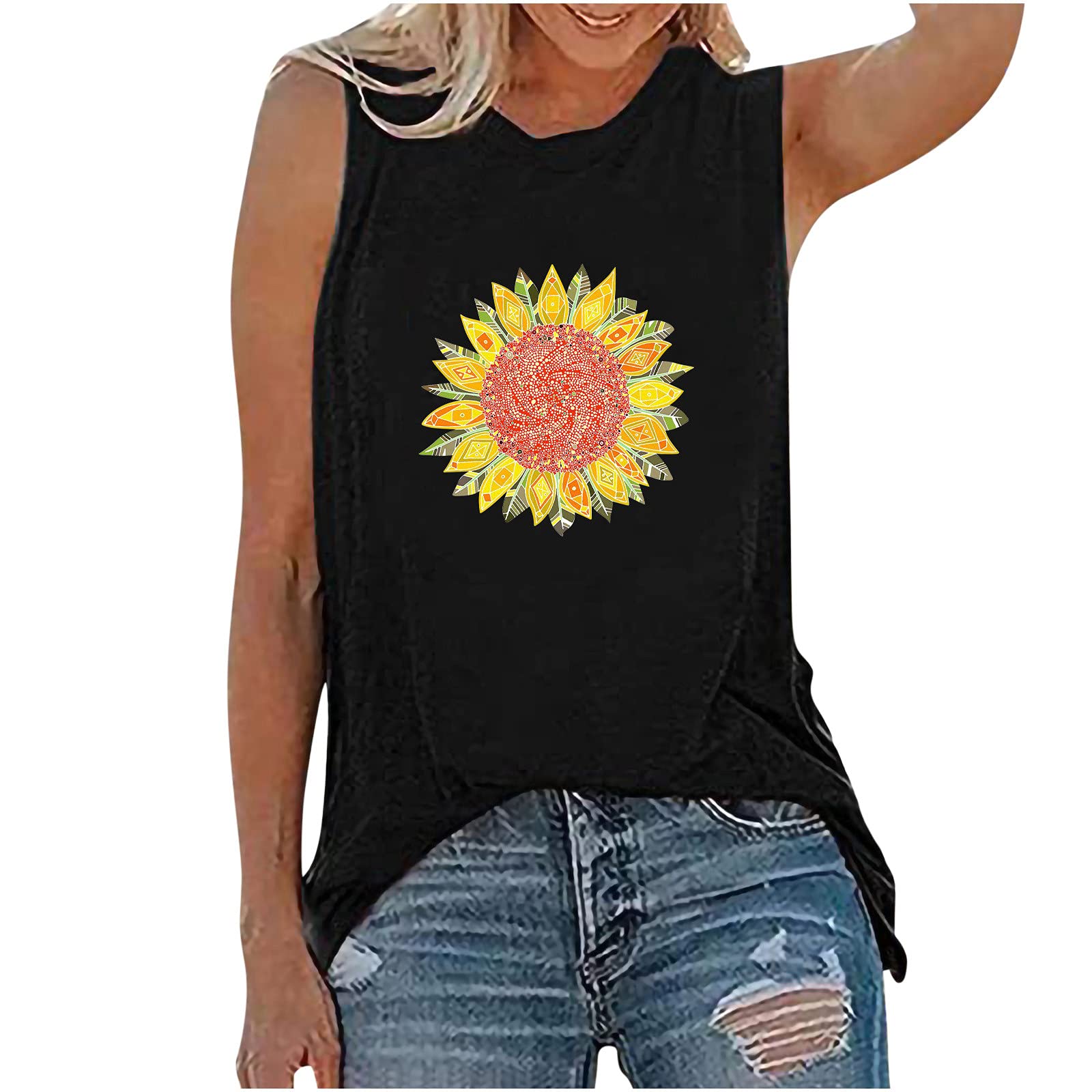 Plus Size Tank Tops for Women - Loose Fit Sunflower Printed Workout Tee Shirt | Casual Lightweight Blouse for Going Out, Gym & Summer Outfits