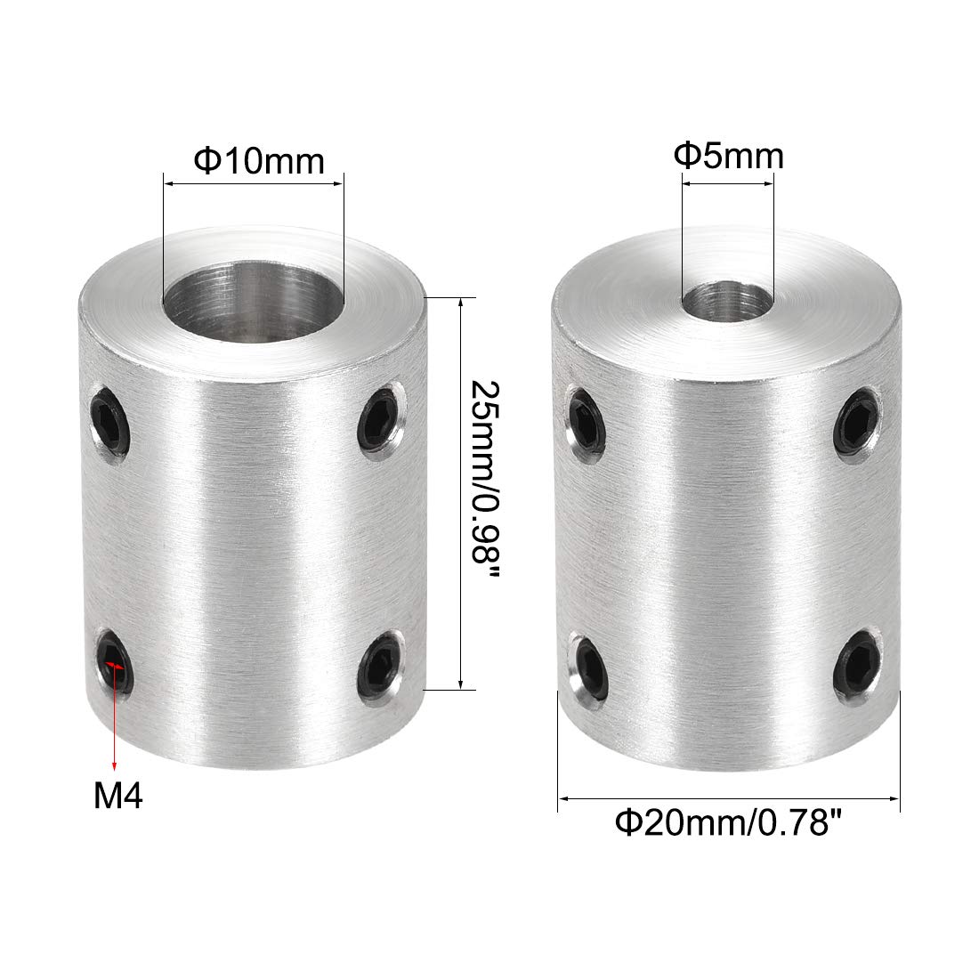uxcell 5mm to 10mm Bore Rigid Coupling Set Screw L25XD20 Aluminum Alloy Shaft Coupler Connector - 4pcs for 3D Printers, CNC Machines, Motor Accessories & Robotics Projects