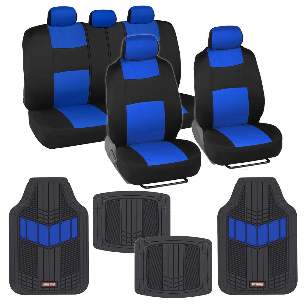 BDK Two-Tone PolyPro Car Seat Covers Full Set with Heavy Duty Rubber Floor Mats - Black & Blue Interior Protection for Cars, Trucks, Vans & SUVs | Perfect for Daily Commutes, Road Trips & Family Travel